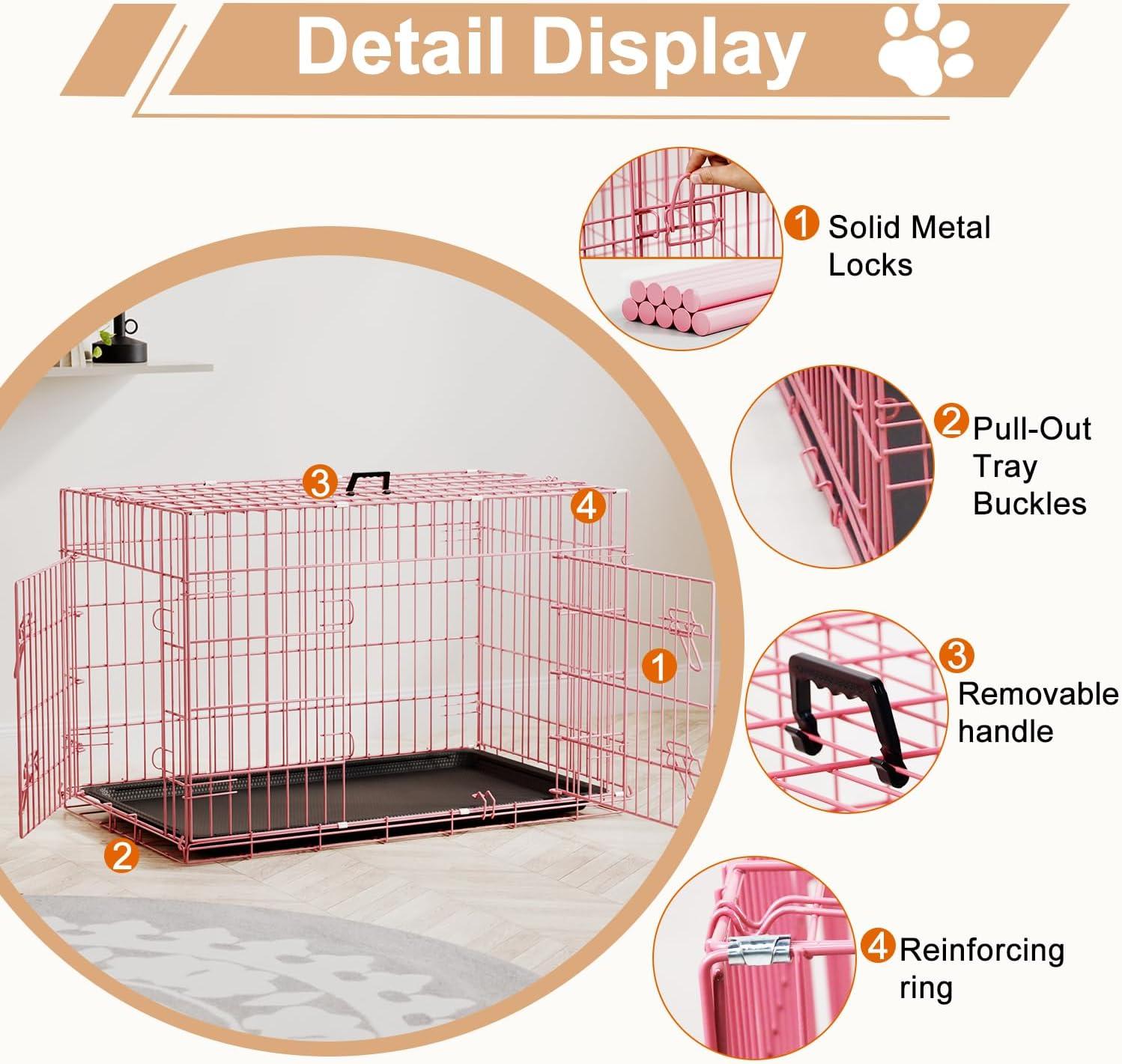 image:imageFDW Dog Crate Dog Kennel Cage with Double Door36 inch Folding Metal Wire Dog Cage with Removable TrayampDivider PanelPet Crate for Medium DogsPinkPink