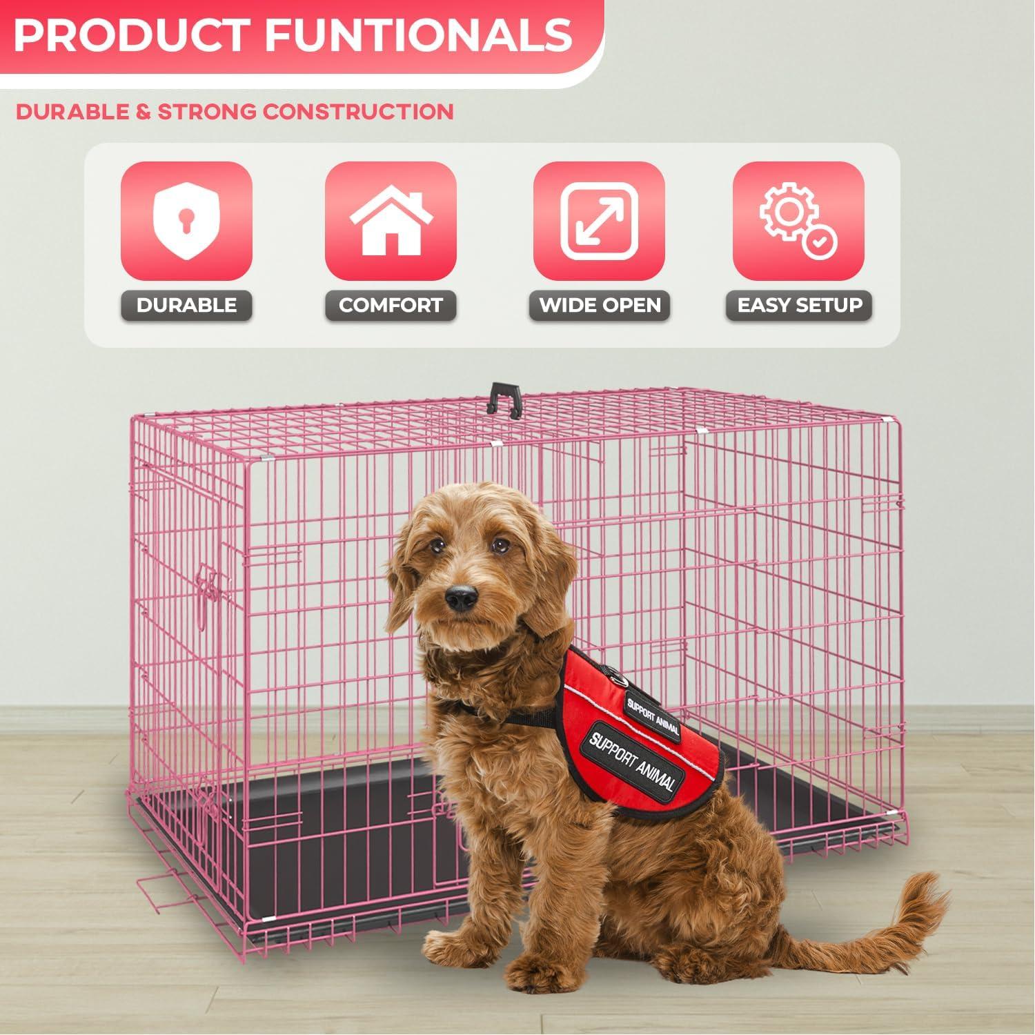 image:imageFDW Dog Crate Dog Kennel Cage with Double Door36 inch Folding Metal Wire Dog Cage with Removable TrayampDivider PanelPet Crate for Medium DogsPinkPink