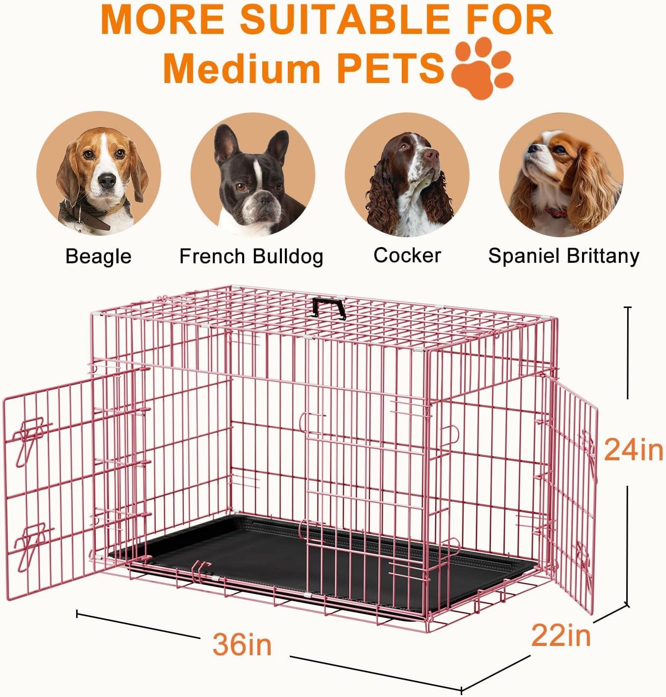 image:imageFDW Dog Crate Dog Kennel Cage with Double Door36 inch Folding Metal Wire Dog Cage with Removable TrayampDivider PanelPet Crate for Medium DogsPinkPink