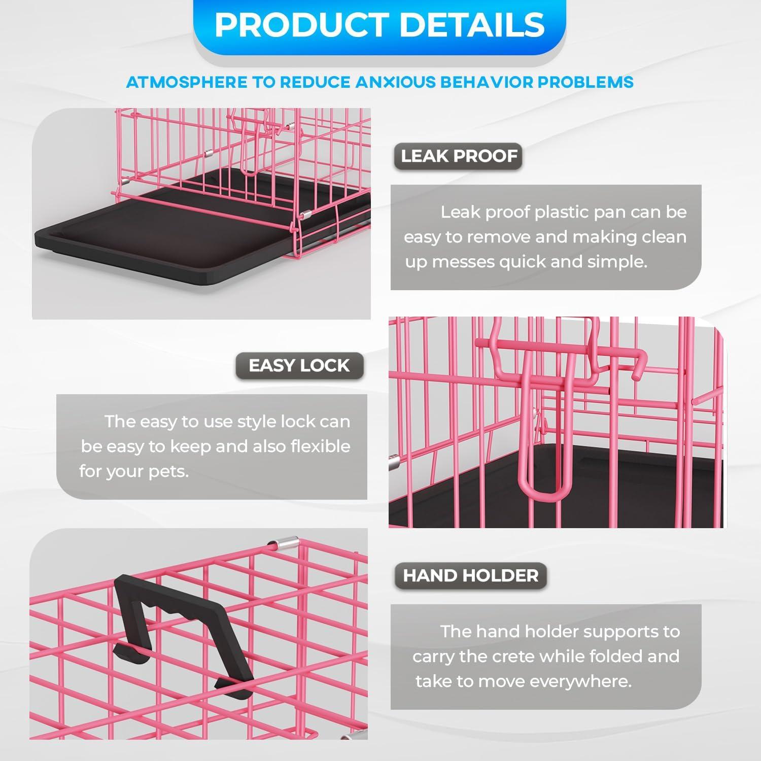 image:imageFDW Dog Crate Dog Kennel Cage with Double Door36 inch Folding Metal Wire Dog Cage with Removable TrayampDivider PanelPet Crate for Medium DogsPinkPink