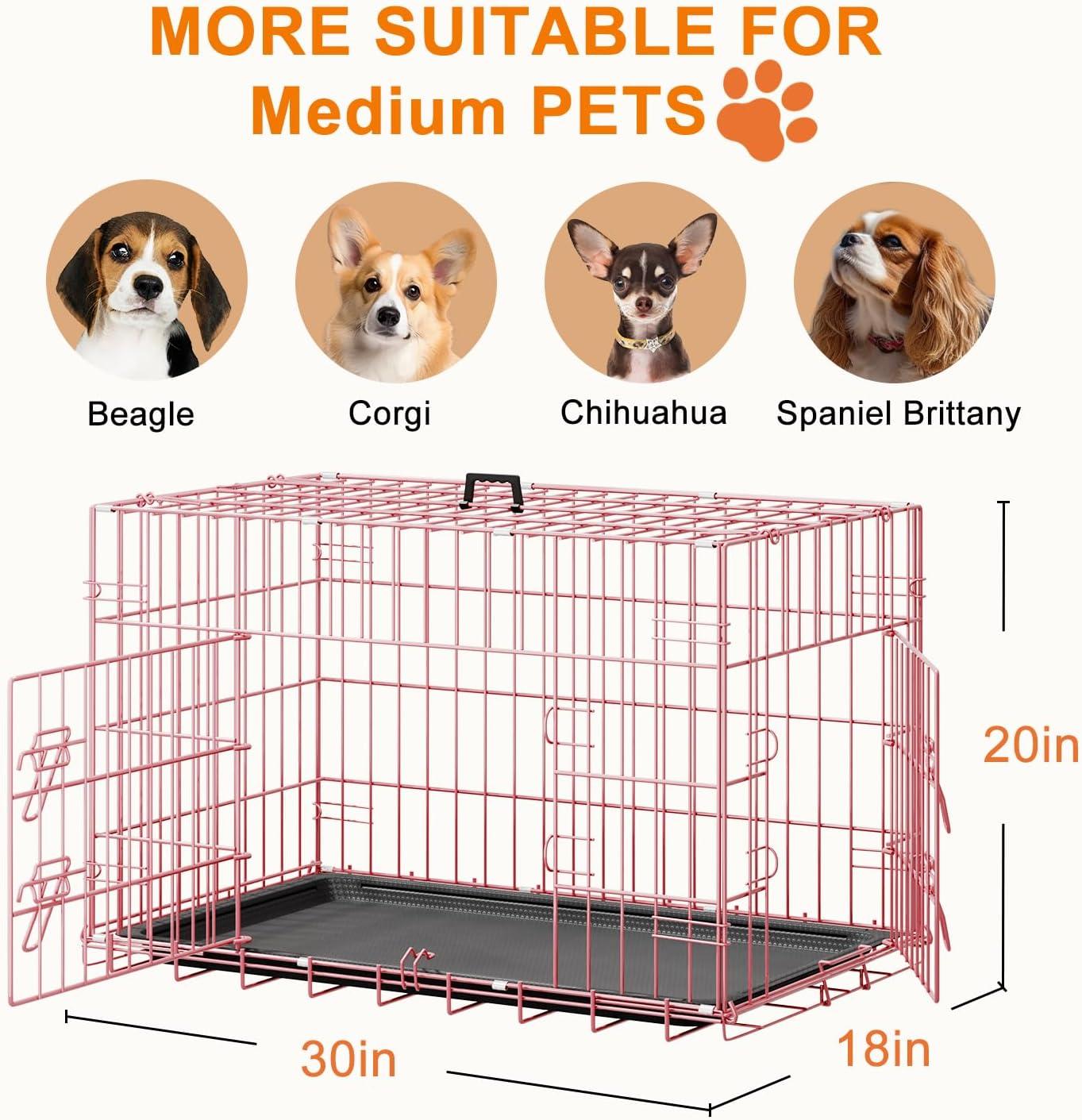 image:imageFDW Dog Crate Dog Kennel Cage with Double Door36 inch Folding Metal Wire Dog Cage with Removable TrayampDivider PanelPet Crate for Medium DogsPinkPink