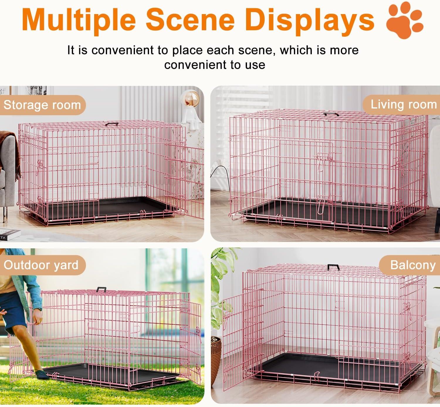 image:imageFDW Dog Crate Dog Kennel Cage with Double Door36 inch Folding Metal Wire Dog Cage with Removable TrayampDivider PanelPet Crate for Medium DogsPinkPink
