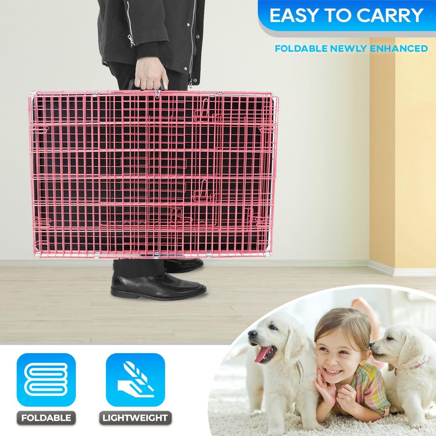 image:imageFDW Dog Crate Dog Kennel Cage with Double Door36 inch Folding Metal Wire Dog Cage with Removable TrayampDivider PanelPet Crate for Medium DogsPinkPink