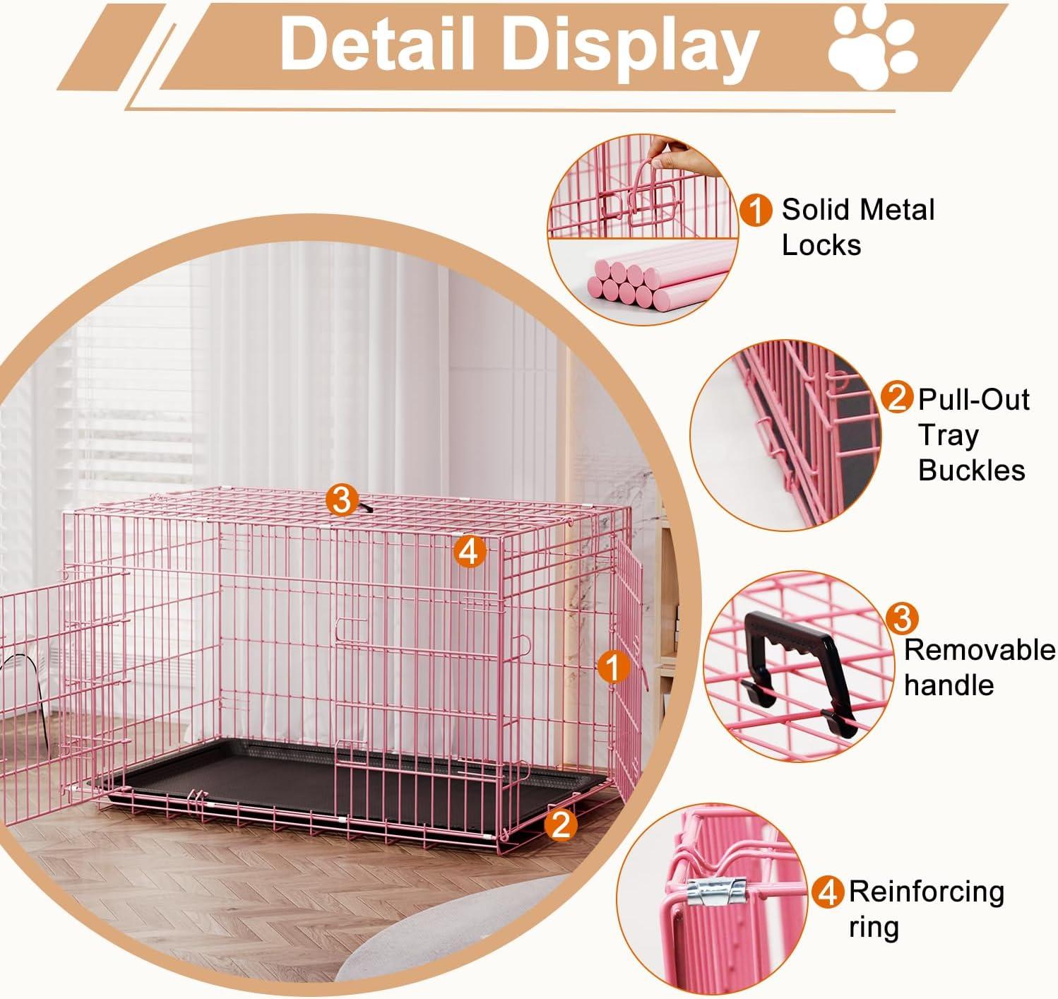 image:imageFDW Dog Crate Dog Kennel Cage with Double Door36 inch Folding Metal Wire Dog Cage with Removable TrayampDivider PanelPet Crate for Medium DogsPinkPink