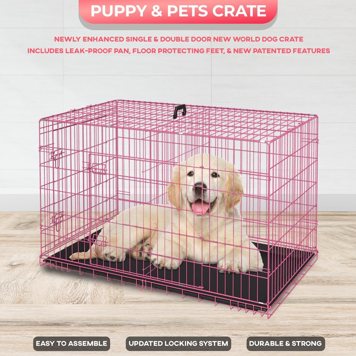 image:imageFDW Dog Crate Dog Kennel Cage with Double Door36 inch Folding Metal Wire Dog Cage with Removable TrayampDivider PanelPet Crate for Medium DogsPinkPink