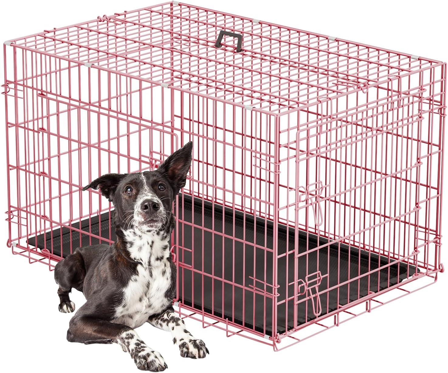 image:imageFDW Dog Crate Dog Kennel Cage with Double Door36 inch Folding Metal Wire Dog Cage with Removable TrayampDivider PanelPet Crate for Medium DogsPinkPink