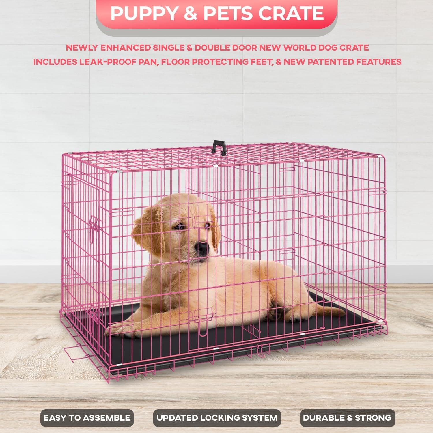 image:imageFDW Dog Crate Dog Kennel Cage with Double Door36 inch Folding Metal Wire Dog Cage with Removable TrayampDivider PanelPet Crate for Medium DogsPinkPink