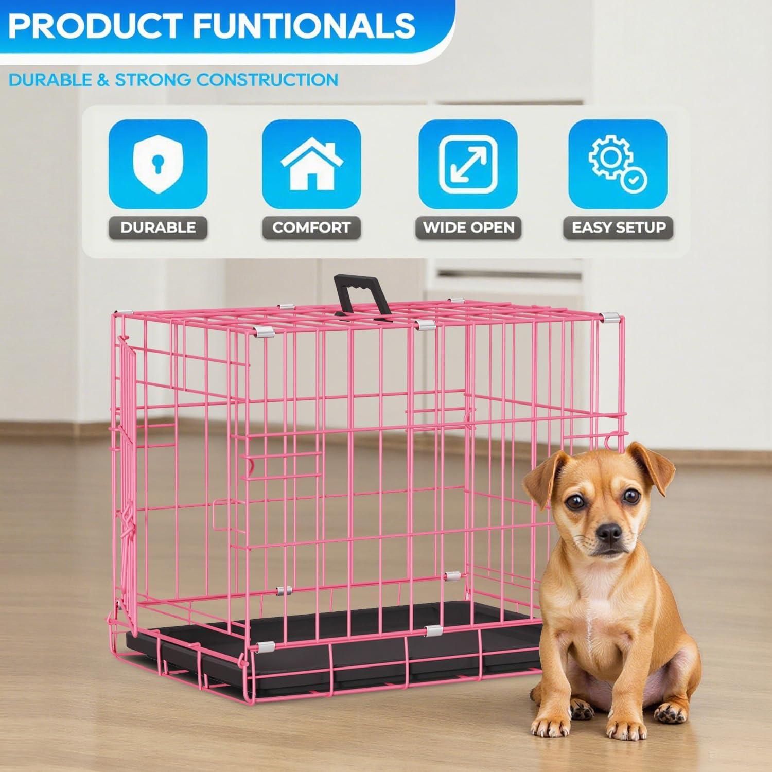 image:imageFDW Dog Crate Dog Kennel Cage with Double Door36 inch Folding Metal Wire Dog Cage with Removable TrayampDivider PanelPet Crate for Medium DogsPinkPink