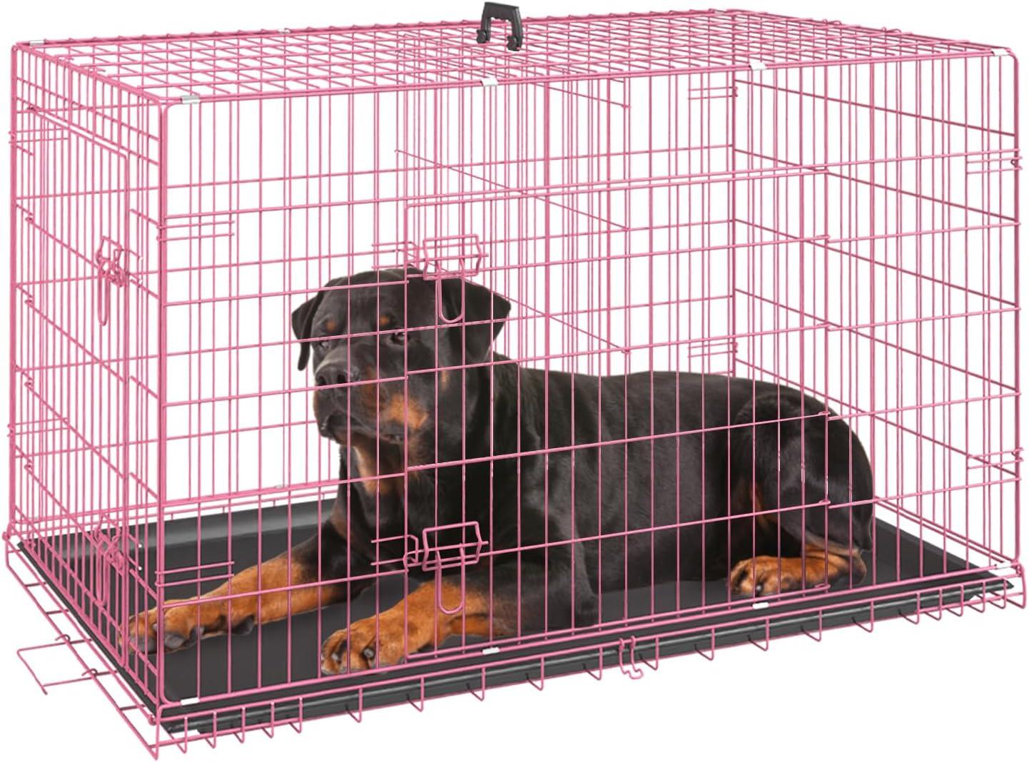 image:imageFDW Dog Crate Dog Kennel Cage with Double Door36 inch Folding Metal Wire Dog Cage with Removable TrayampDivider PanelPet Crate for Medium DogsPinkPink