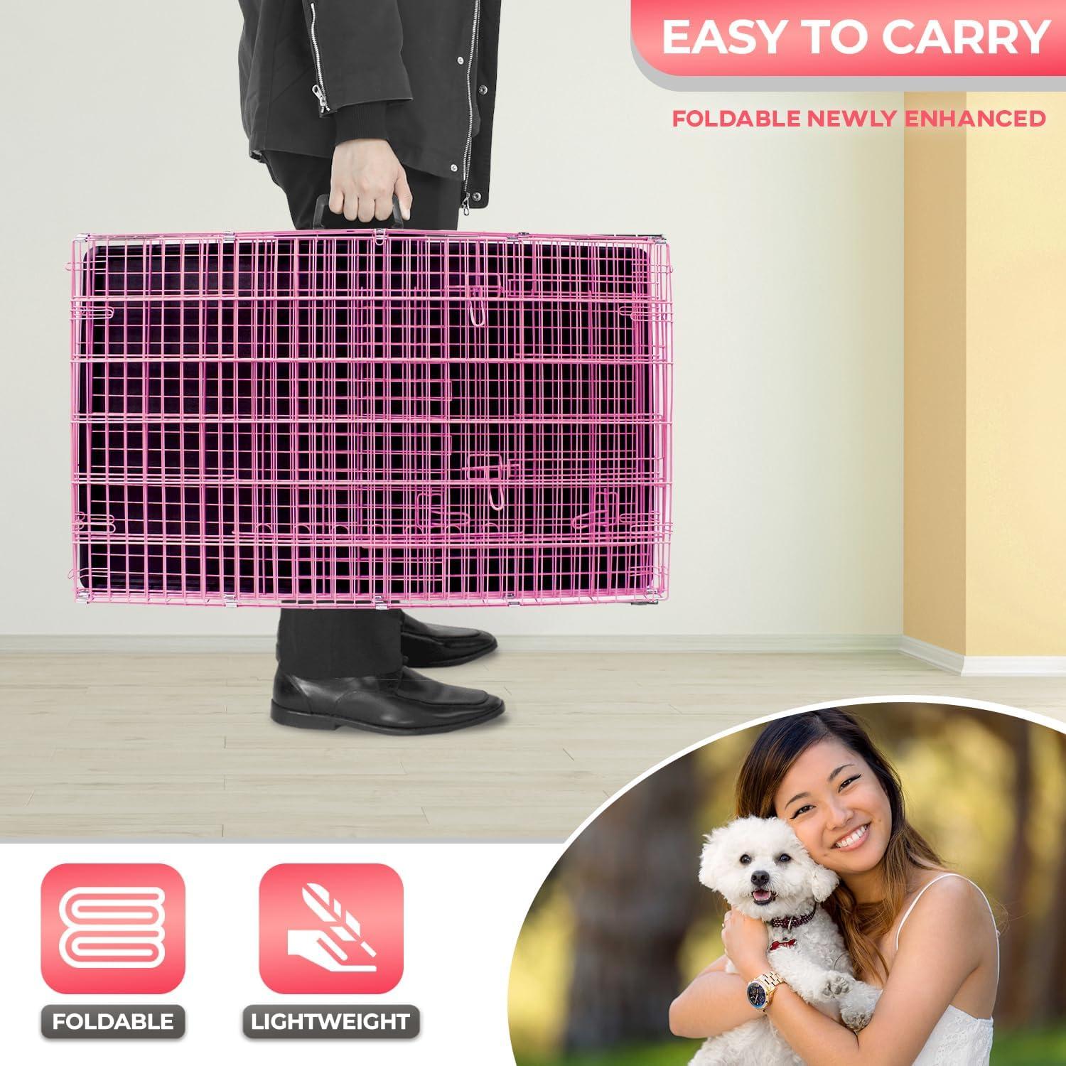 image:imageFDW Dog Crate Dog Kennel Cage with Double Door36 inch Folding Metal Wire Dog Cage with Removable TrayampDivider PanelPet Crate for Medium DogsPinkPink