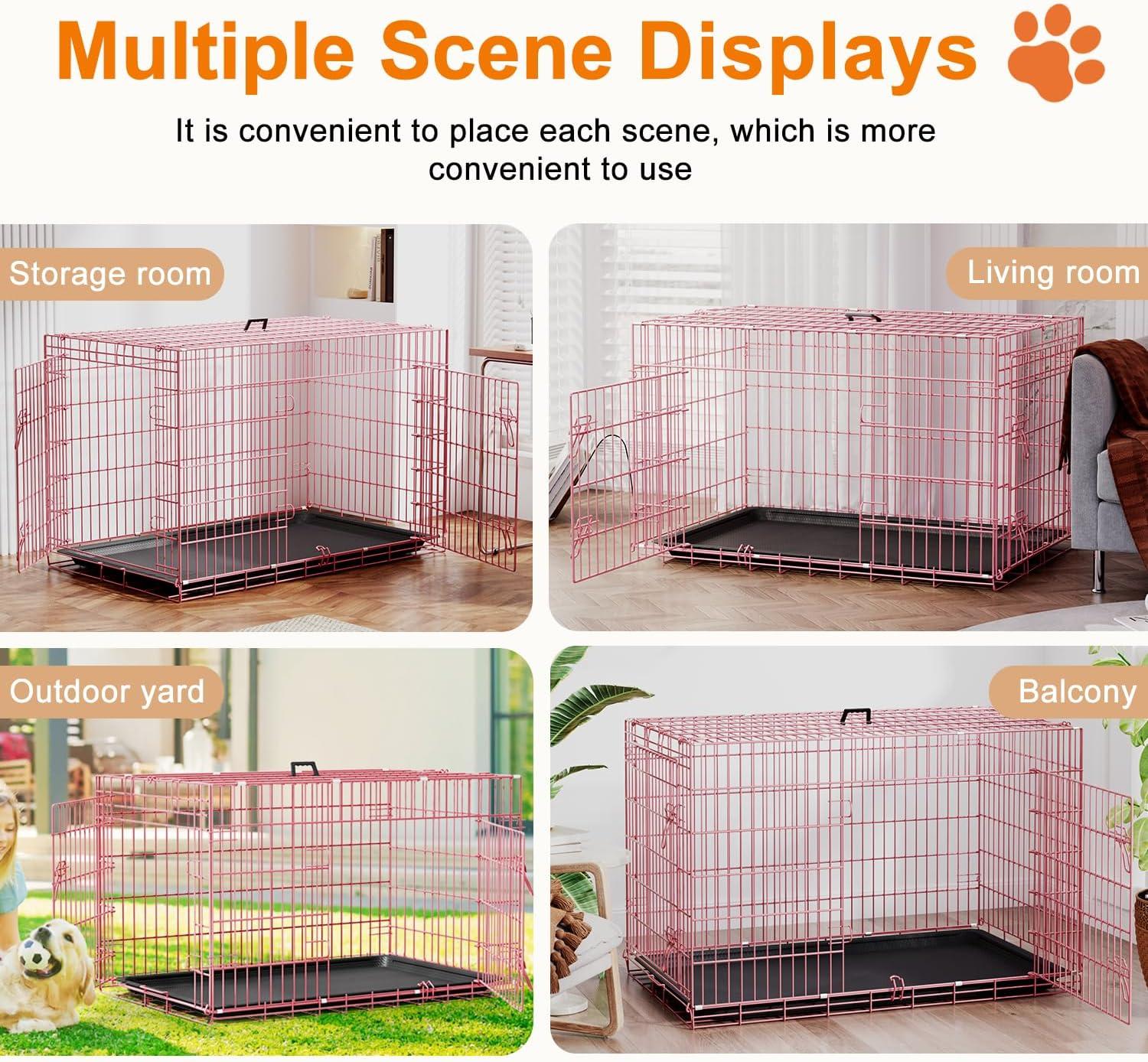 image:imageFDW Dog Crate Dog Kennel Cage with Double Door36 inch Folding Metal Wire Dog Cage with Removable TrayampDivider PanelPet Crate for Medium DogsPinkPink