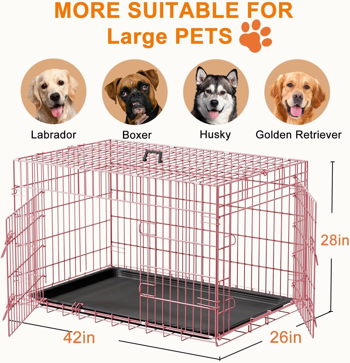 image:imageFDW Dog Crate Dog Kennel Cage with Double Door36 inch Folding Metal Wire Dog Cage with Removable TrayampDivider PanelPet Crate for Medium DogsPinkPink