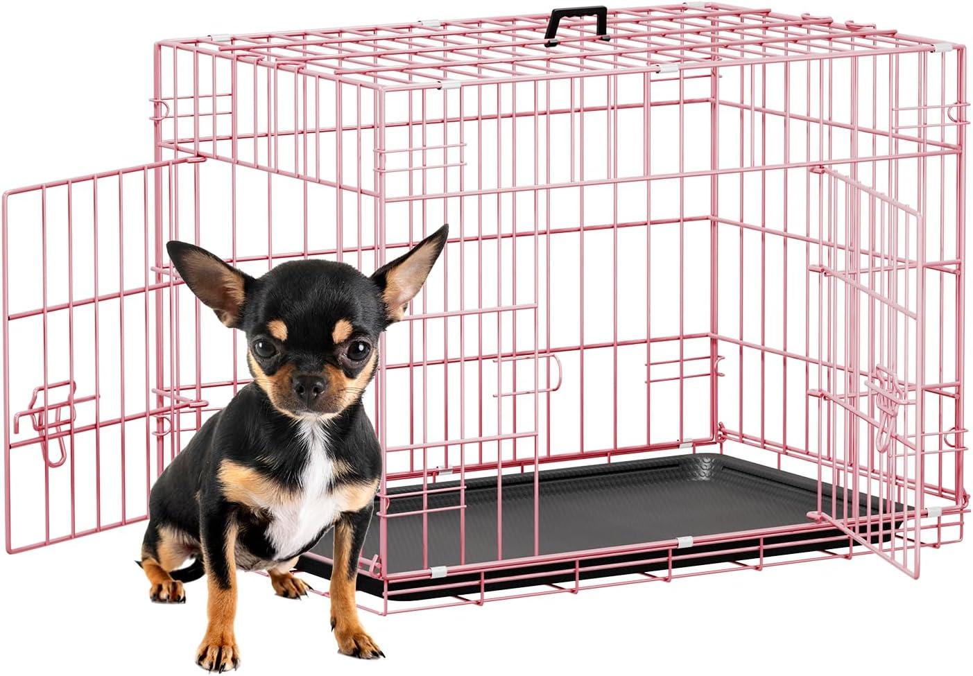 image:imageFDW Dog Crate Dog Kennel Cage with Double Door36 inch Folding Metal Wire Dog Cage with Removable TrayampDivider PanelPet Crate for Medium DogsPinkPink