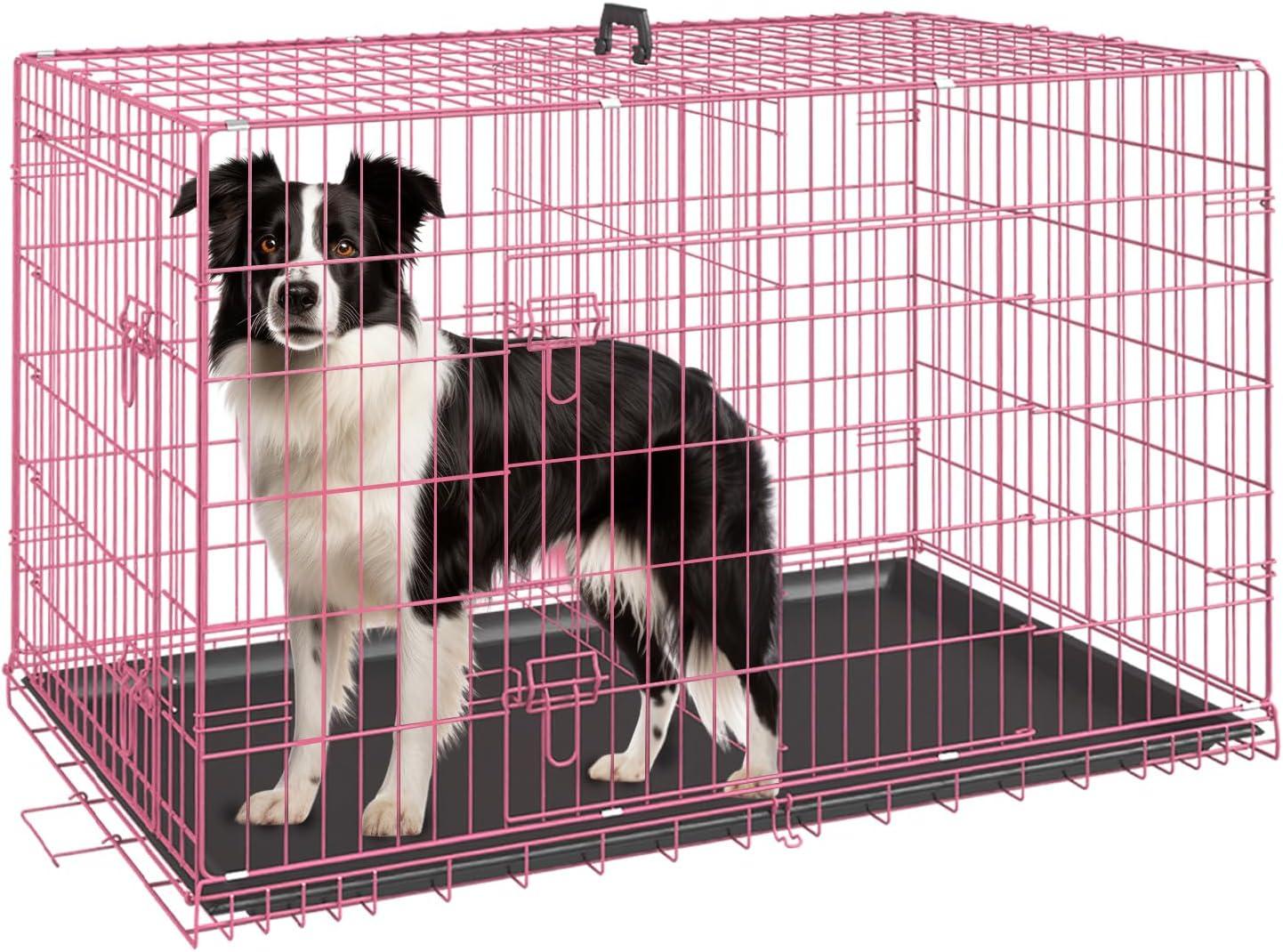image:imageFDW Dog Crate Dog Kennel Cage with Double Door36 inch Folding Metal Wire Dog Cage with Removable TrayampDivider PanelPet Crate for Medium DogsPinkPink