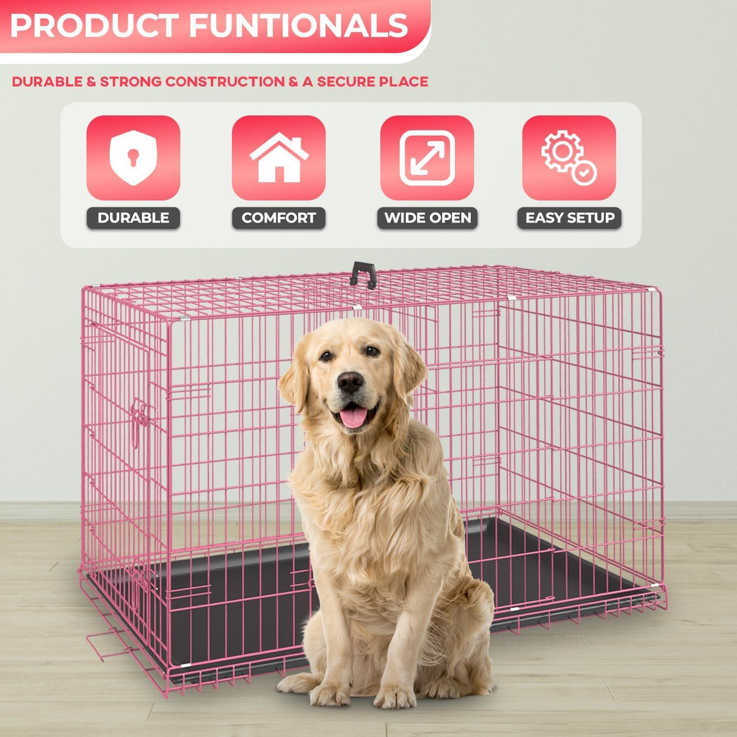 image:imageFDW Dog Crate Dog Kennel Cage with Double Door36 inch Folding Metal Wire Dog Cage with Removable TrayampDivider PanelPet Crate for Medium DogsPinkPink
