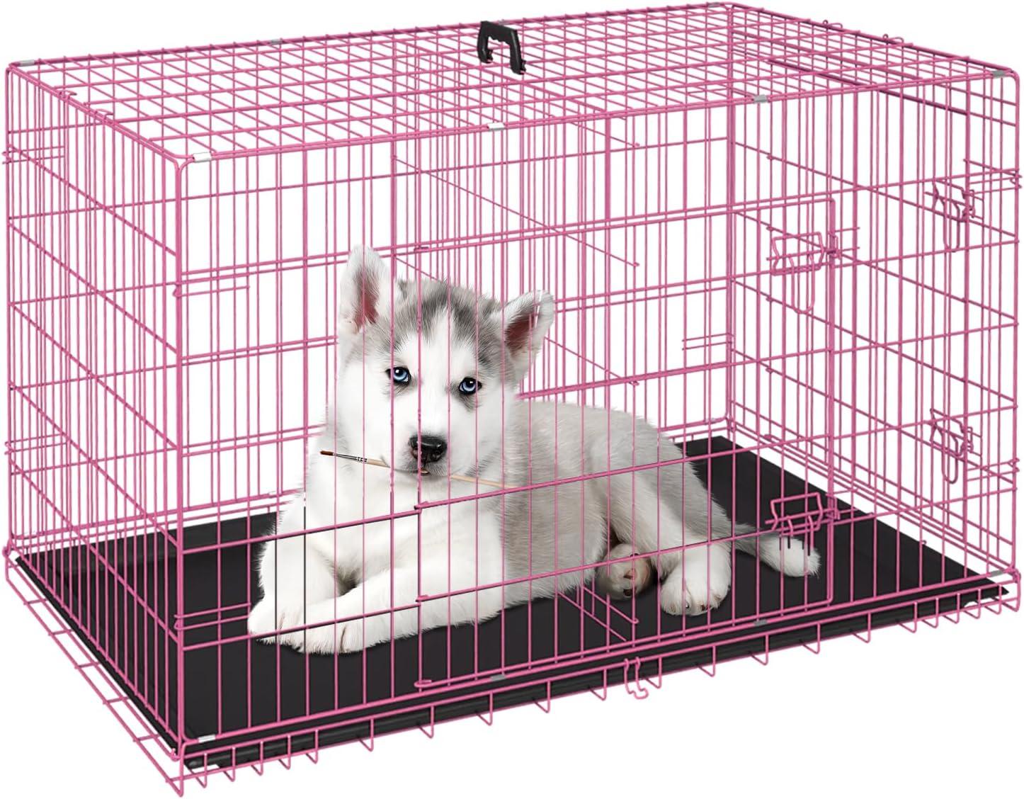 image:imageFDW Dog Crate Dog Kennel Cage with Double Door36 inch Folding Metal Wire Dog Cage with Removable TrayampDivider PanelPet Crate for Medium DogsPinkPink