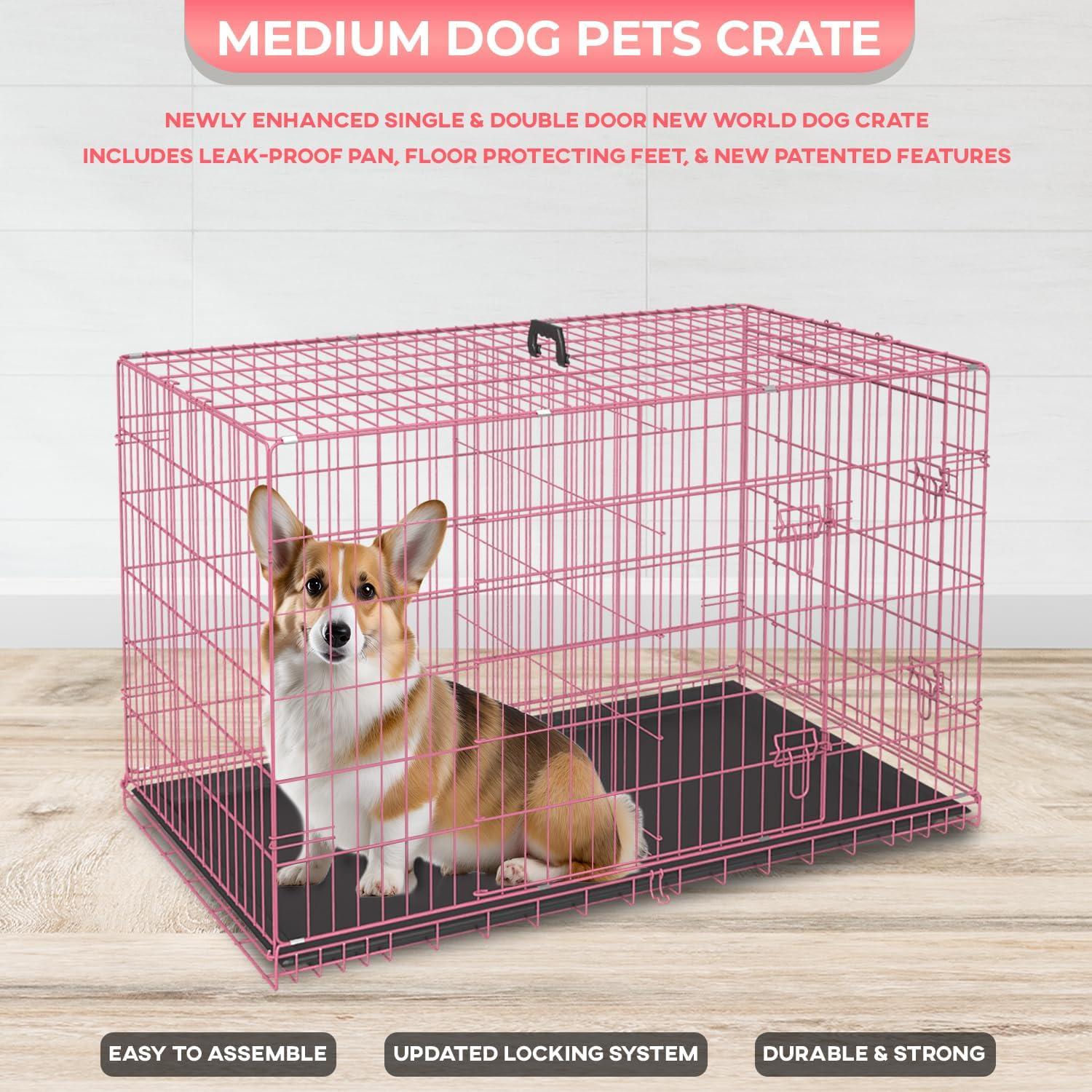 image:imageFDW Dog Crate Dog Kennel Cage with Double Door36 inch Folding Metal Wire Dog Cage with Removable TrayampDivider PanelPet Crate for Medium DogsPinkPink