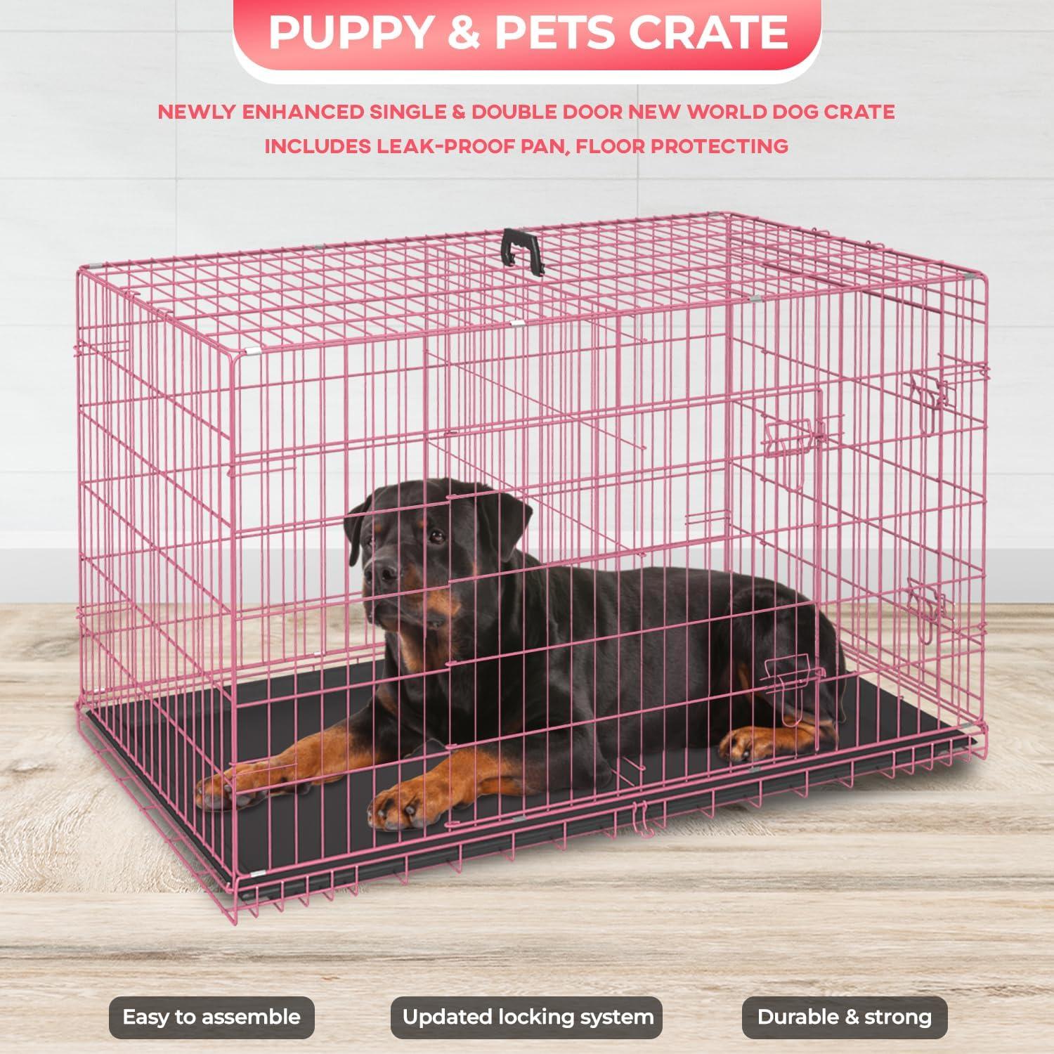 image:imageFDW Dog Crate Dog Kennel Cage with Double Door36 inch Folding Metal Wire Dog Cage with Removable TrayampDivider PanelPet Crate for Medium DogsPinkPink