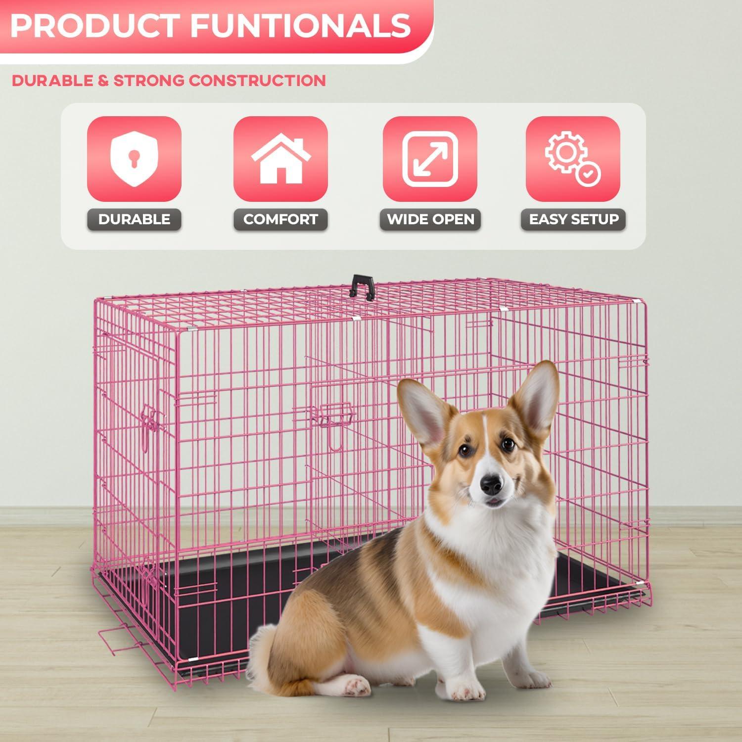 image:imageFDW Dog Crate Dog Kennel Cage with Double Door36 inch Folding Metal Wire Dog Cage with Removable TrayampDivider PanelPet Crate for Medium DogsPinkPink