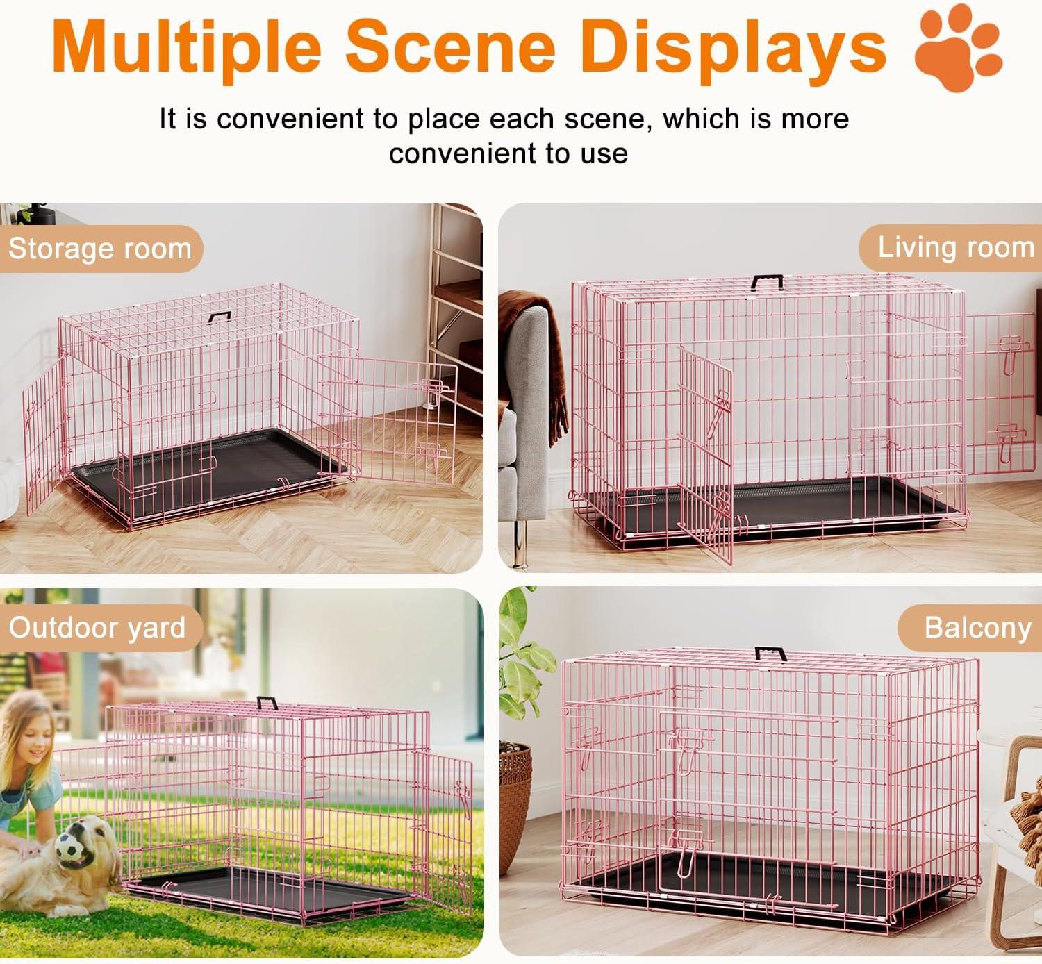 image:imageFDW Dog Crate Dog Kennel Cage with Double Door36 inch Folding Metal Wire Dog Cage with Removable TrayampDivider PanelPet Crate for Medium DogsPinkPink