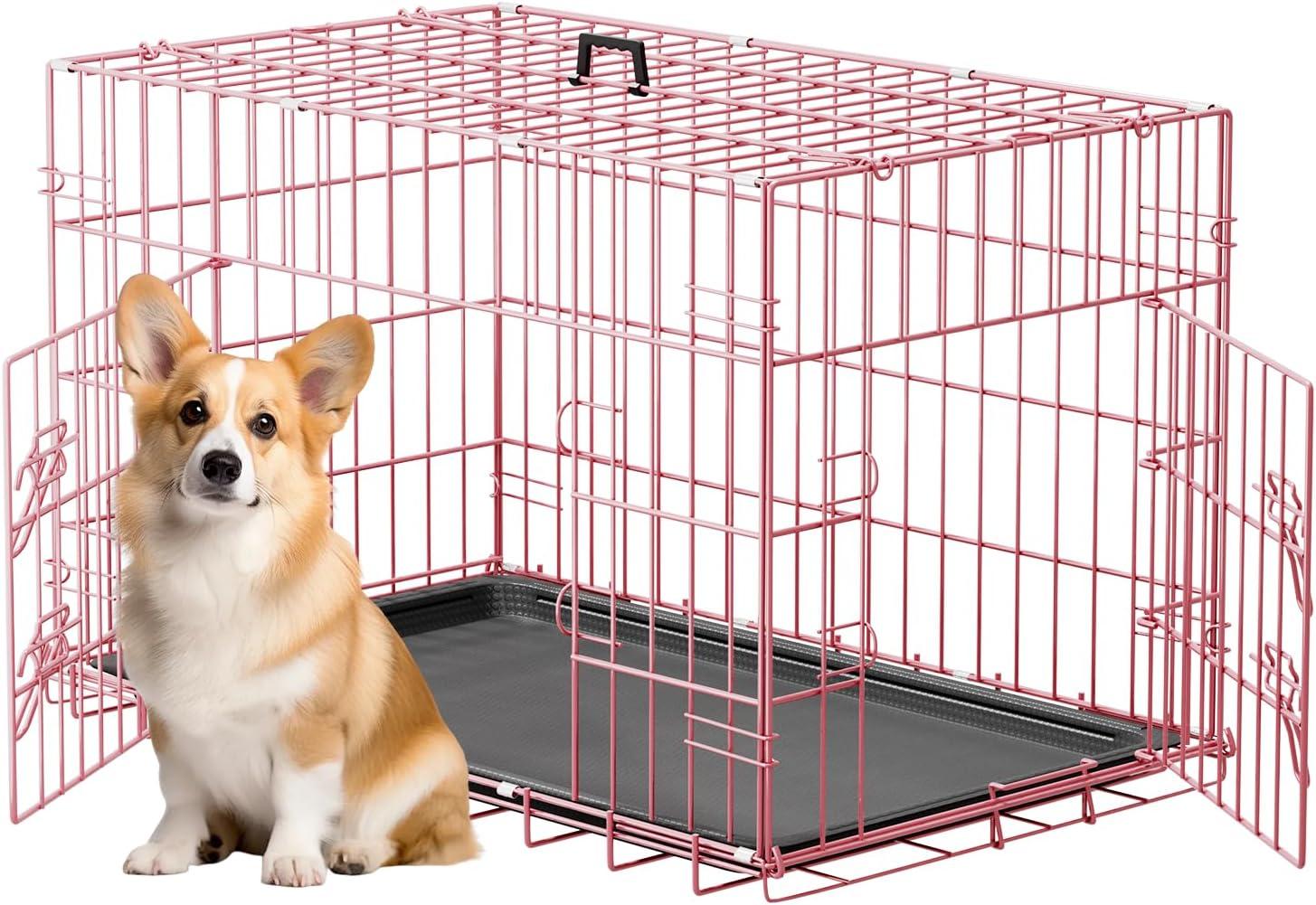 image:imageFDW Dog Crate Dog Kennel Cage with Double Door36 inch Folding Metal Wire Dog Cage with Removable TrayampDivider PanelPet Crate for Medium DogsPinkPink