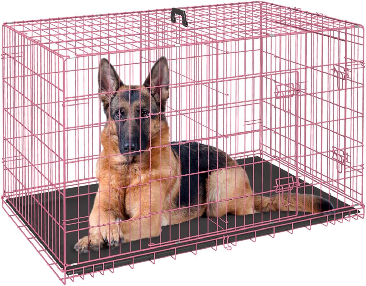 image:imageFDW Dog Crate Dog Kennel Cage with Double Door36 inch Folding Metal Wire Dog Cage with Removable TrayampDivider PanelPet Crate for Medium DogsPinkPink
