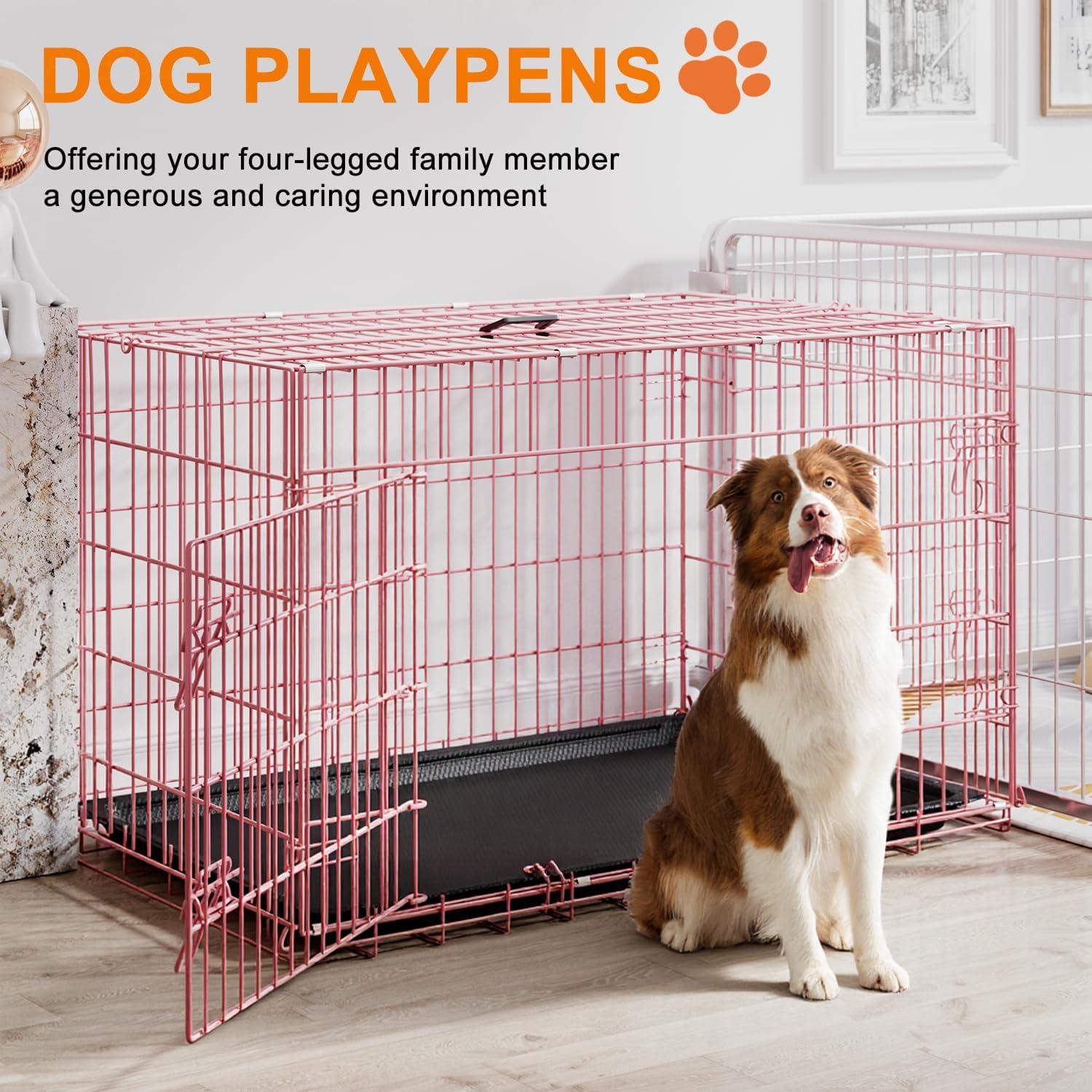 image:imageFDW Dog Crate Dog Kennel Cage with Double Door36 inch Folding Metal Wire Dog Cage with Removable TrayampDivider PanelPet Crate for Medium DogsPinkPink