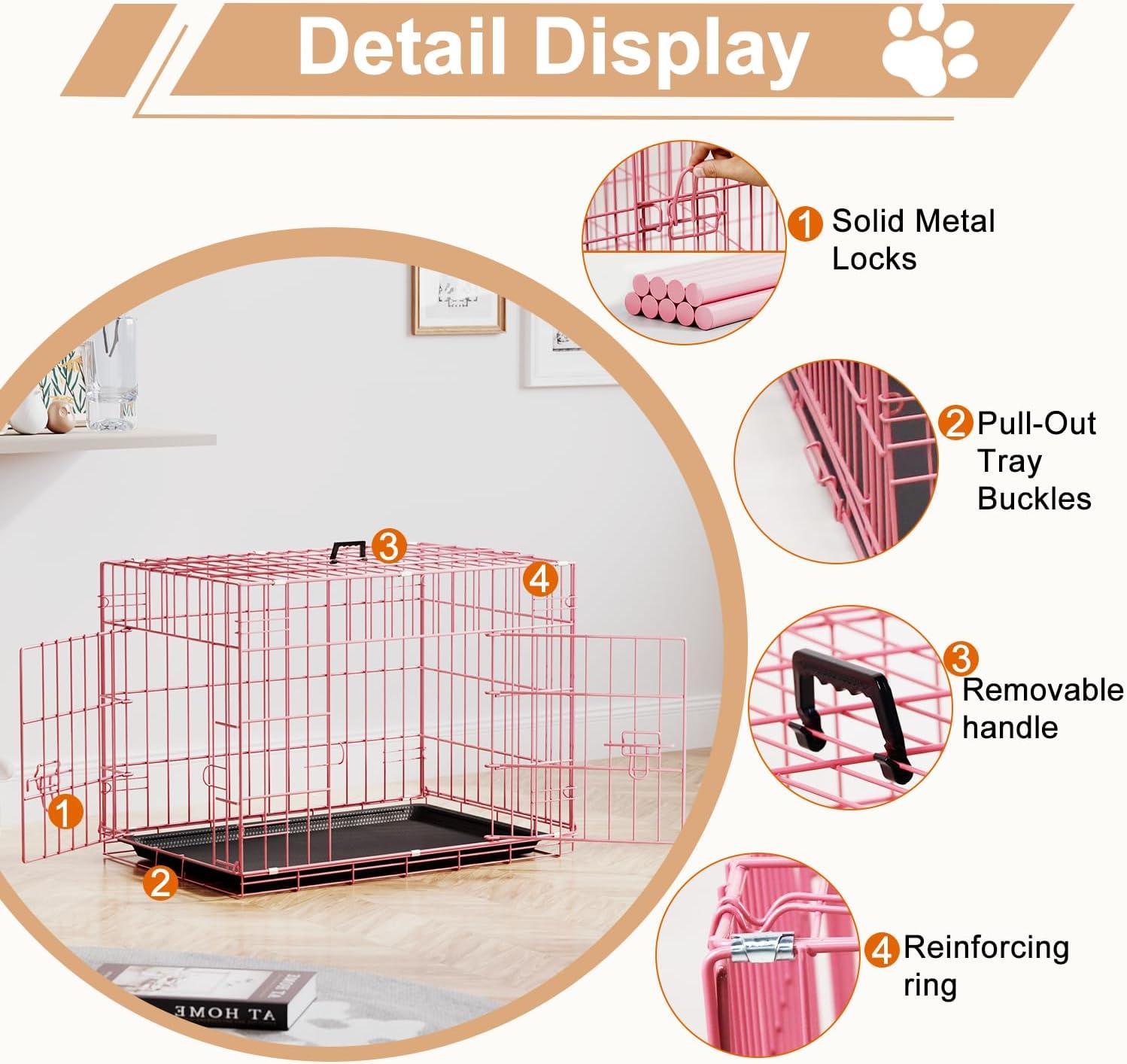 image:imageFDW Dog Crate Dog Kennel Cage with Double Door36 inch Folding Metal Wire Dog Cage with Removable TrayampDivider PanelPet Crate for Medium DogsPinkPink