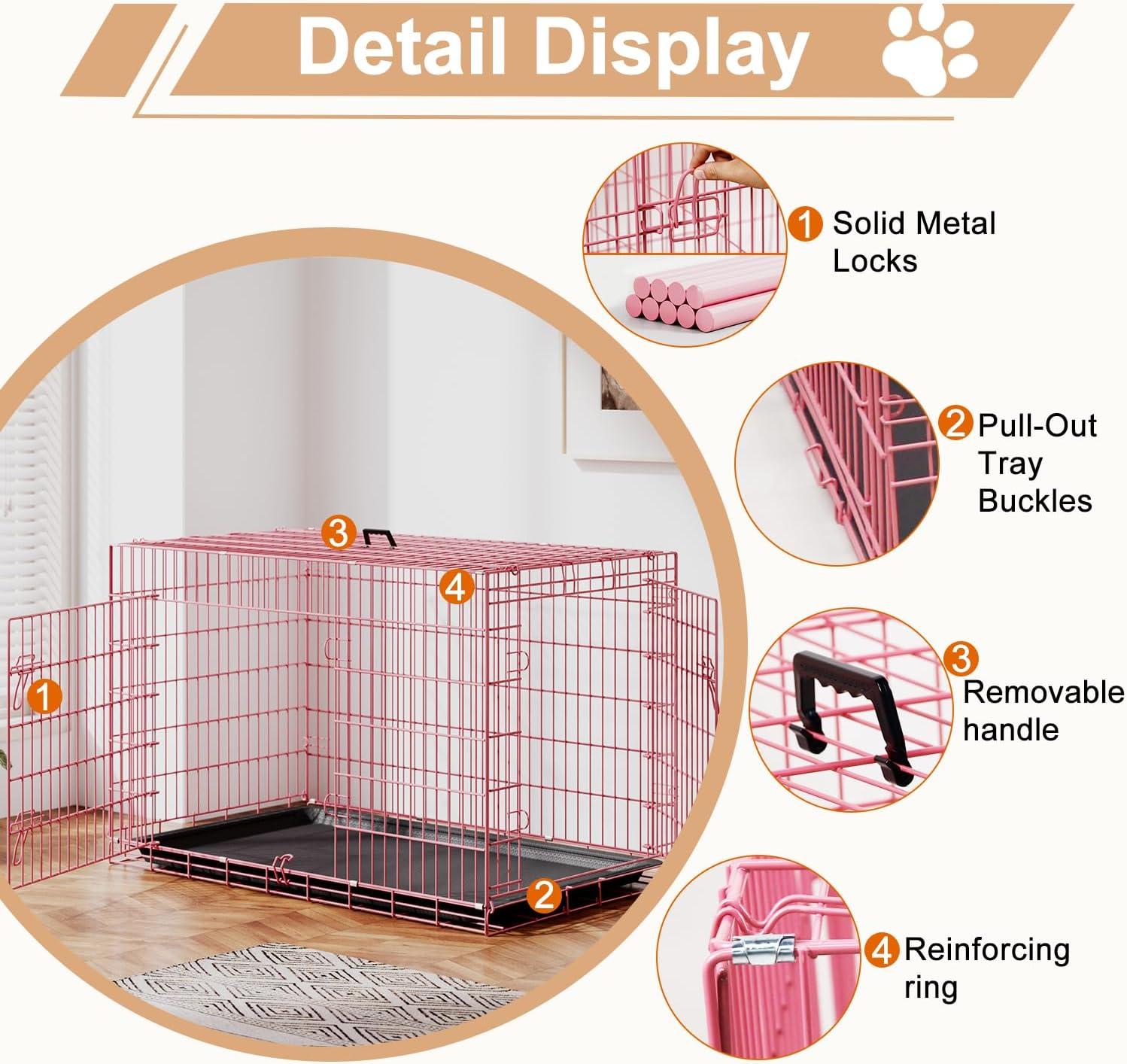 image:imageFDW Dog Crate Dog Kennel Cage with Double Door36 inch Folding Metal Wire Dog Cage with Removable TrayampDivider PanelPet Crate for Medium DogsPinkPink