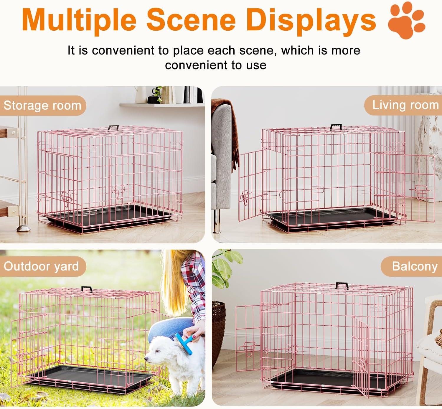 image:imageFDW Dog Crate Dog Kennel Cage with Double Door36 inch Folding Metal Wire Dog Cage with Removable TrayampDivider PanelPet Crate for Medium DogsPinkPink