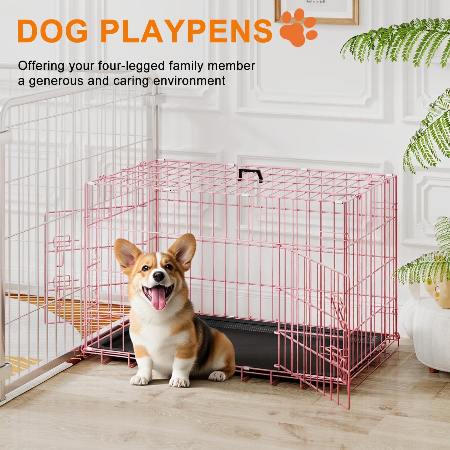 image:imageFDW Dog Crate Dog Kennel Cage with Double Door36 inch Folding Metal Wire Dog Cage with Removable TrayampDivider PanelPet Crate for Medium DogsPinkPink