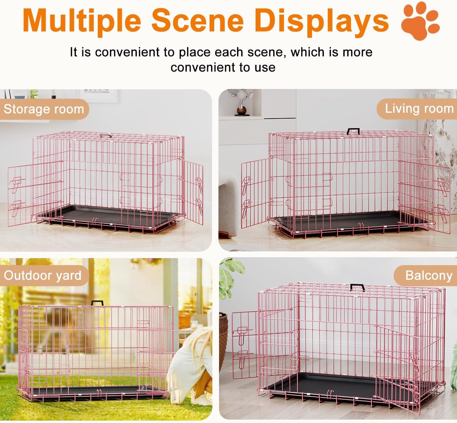 image:imageFDW Dog Crate Dog Kennel Cage with Double Door36 inch Folding Metal Wire Dog Cage with Removable TrayampDivider PanelPet Crate for Medium DogsPinkPink