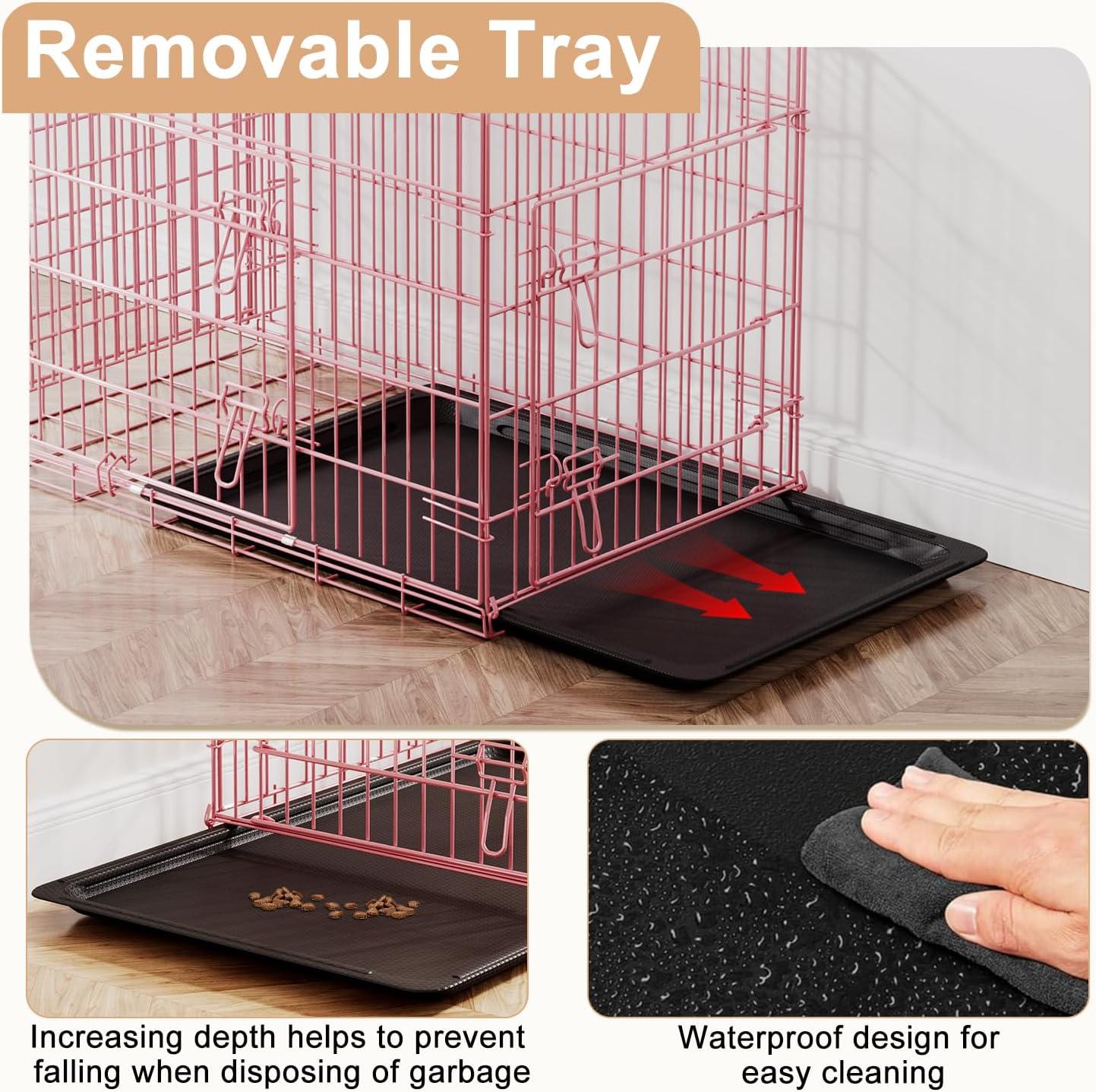 image:imageFDW Dog Crate Dog Kennel Cage with Double Door36 inch Folding Metal Wire Dog Cage with Removable TrayampDivider PanelPet Crate for Medium DogsPinkPink