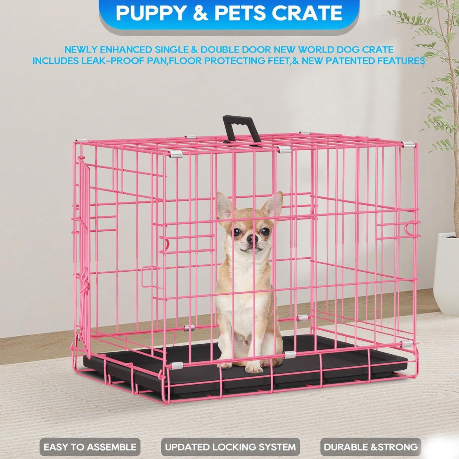 image:imageFDW Dog Crate Dog Kennel Cage with Double Door36 inch Folding Metal Wire Dog Cage with Removable TrayampDivider PanelPet Crate for Medium DogsPinkPink