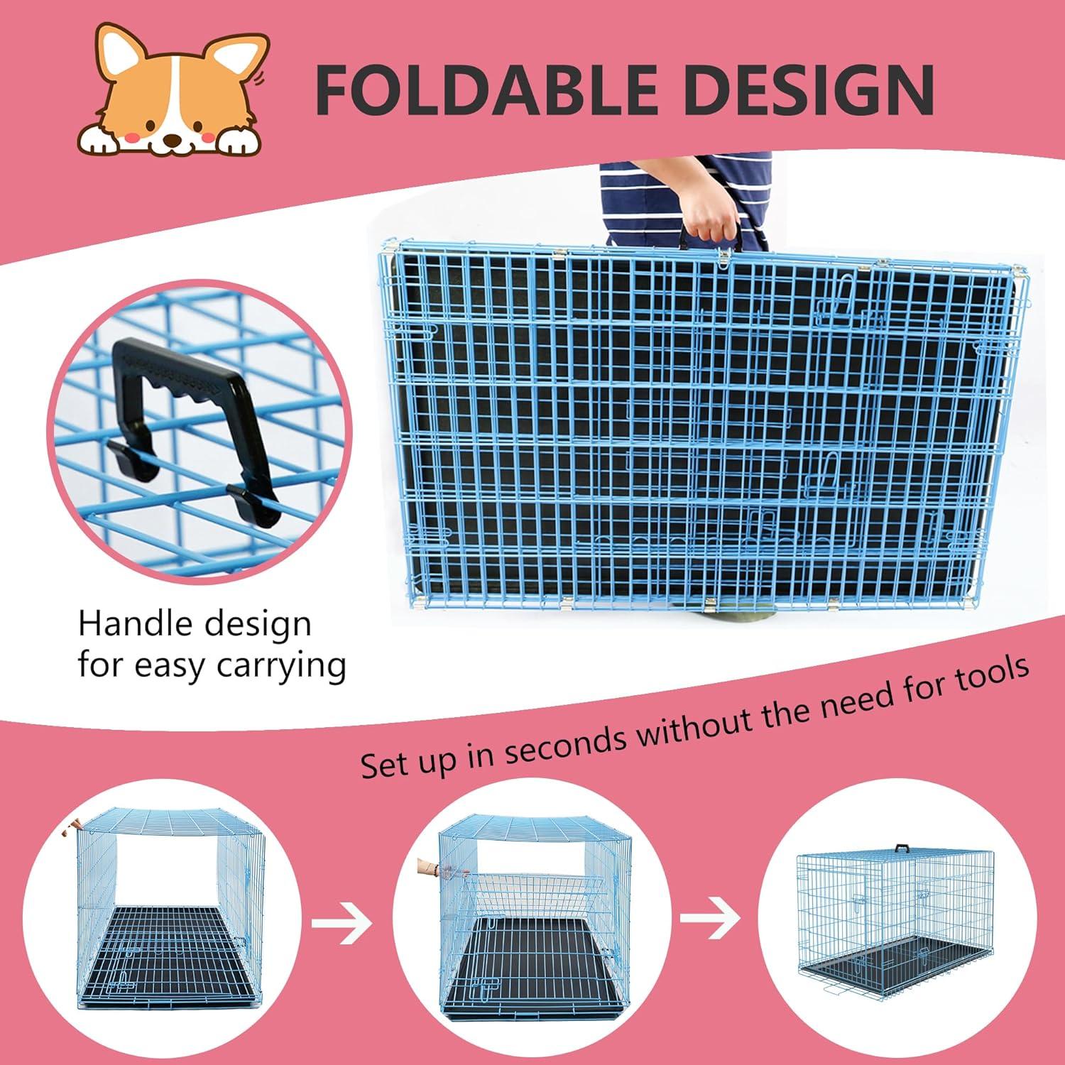 image:imageFDW Dog Crate for Large Dogs 48 Inch Folding Metal WirePet Cage Double Door WDivider Panel Indoor Outdoor Kennel LeakProof Plastic TrayBlue