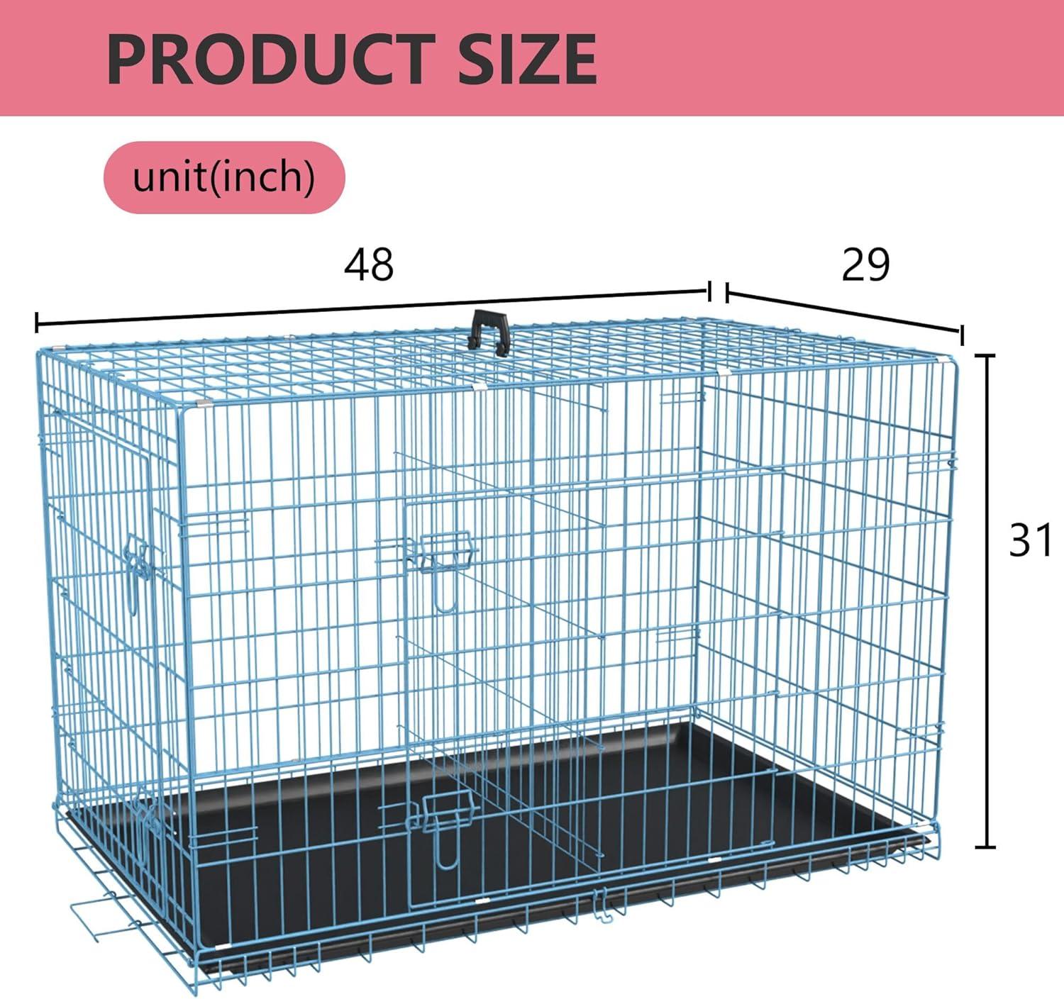 image:imageFDW Dog Crate for Large Dogs 48 Inch Folding Metal WirePet Cage Double Door WDivider Panel Indoor Outdoor Kennel LeakProof Plastic TrayBlue