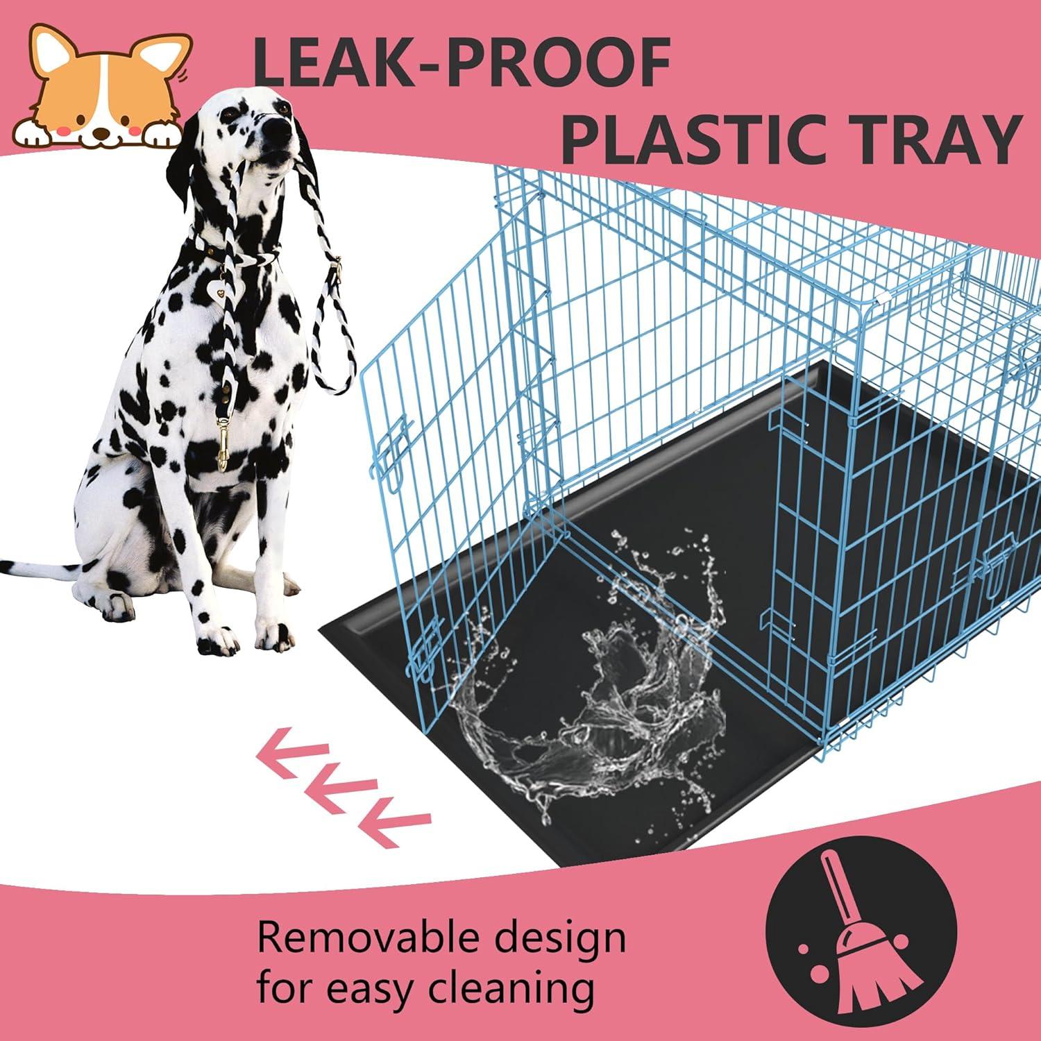 image:imageFDW Dog Crate for Large Dogs 48 Inch Folding Metal WirePet Cage Double Door WDivider Panel Indoor Outdoor Kennel LeakProof Plastic TrayBlue