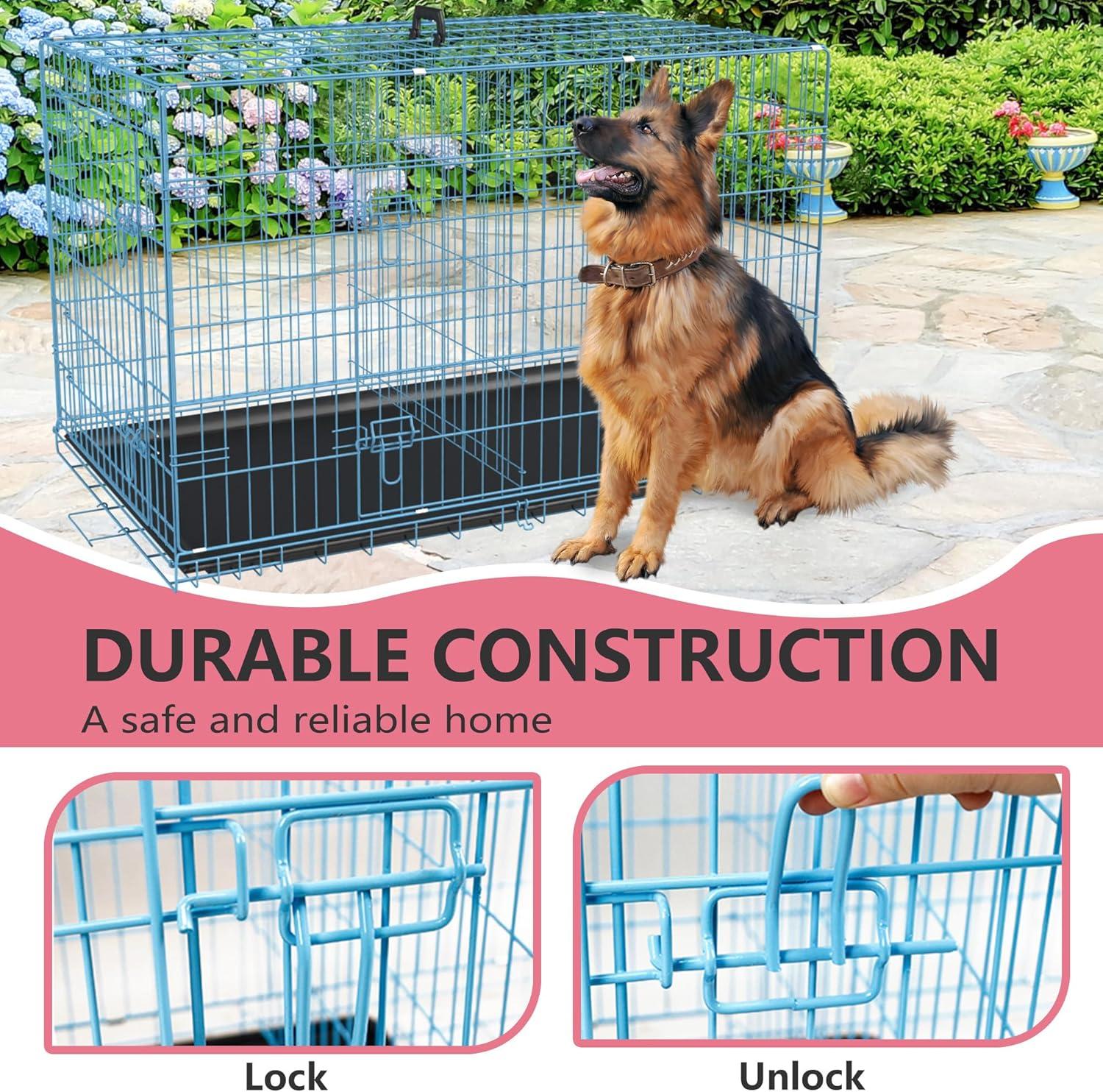 image:imageFDW Dog Crate for Large Dogs 48 Inch Folding Metal WirePet Cage Double Door WDivider Panel Indoor Outdoor Kennel LeakProof Plastic TrayBlue