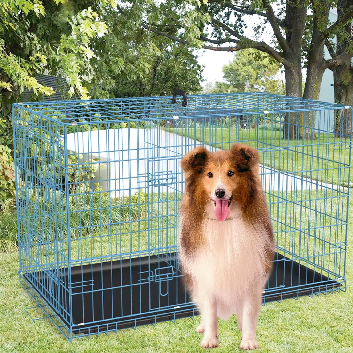 image:imageFDW Dog Crate for Large Dogs 48 Inch Folding Metal WirePet Cage Double Door WDivider Panel Indoor Outdoor Kennel LeakProof Plastic TrayBlue