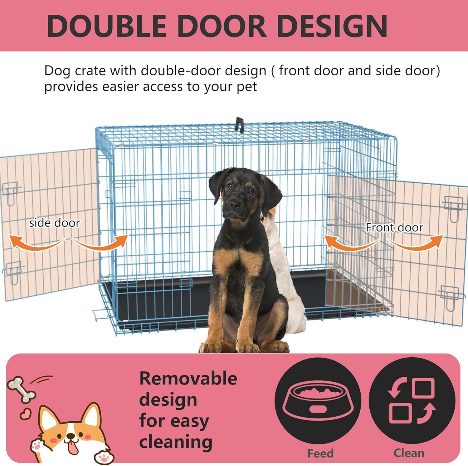 image:imageFDW Dog Crate for Large Dogs 48 Inch Folding Metal WirePet Cage Double Door WDivider Panel Indoor Outdoor Kennel LeakProof Plastic TrayBlue