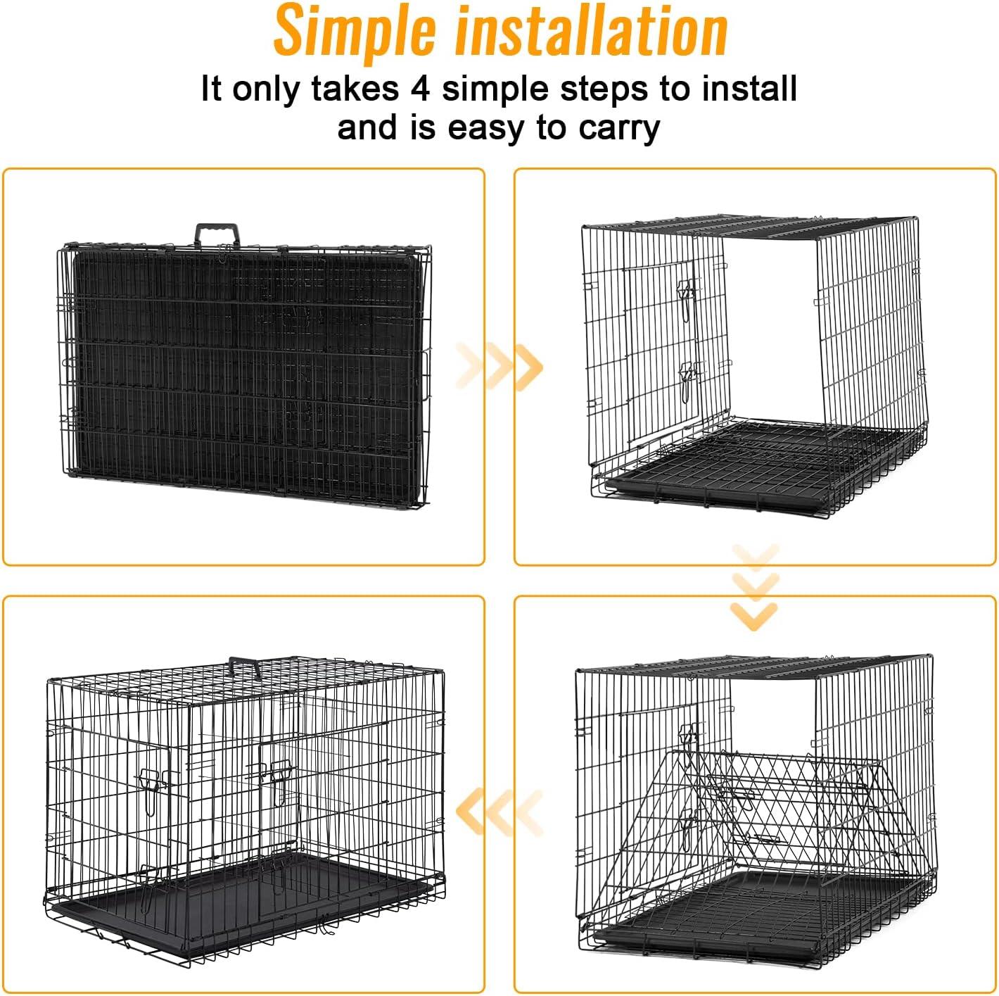 image:imageFDW Dog Crate for Medium Dogs 30 Inch Folding Metal WirePet Cage Double Door WDivider Panel Indoor Outdoor Kennel LeakProof Plastic TrayBlackBlack