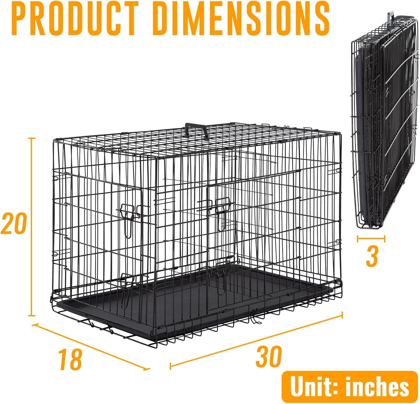 image:imageFDW Dog Crate for Medium Dogs 30 Inch Folding Metal WirePet Cage Double Door WDivider Panel Indoor Outdoor Kennel LeakProof Plastic TrayBlackBlack