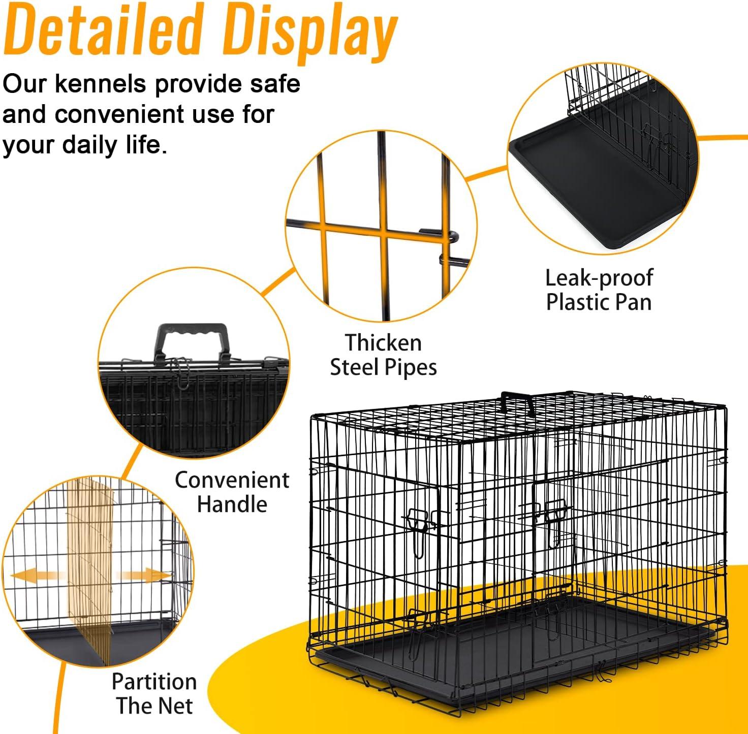 image:imageFDW Dog Crate for Medium Dogs 30 Inch Folding Metal WirePet Cage Double Door WDivider Panel Indoor Outdoor Kennel LeakProof Plastic TrayBlackBlack