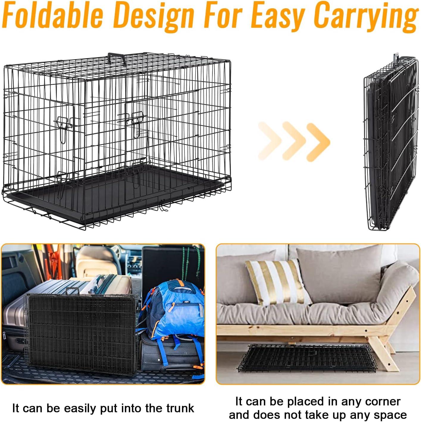 image:imageFDW Dog Crate for Medium Dogs 30 Inch Folding Metal WirePet Cage Double Door WDivider Panel Indoor Outdoor Kennel LeakProof Plastic TrayBlackBlack