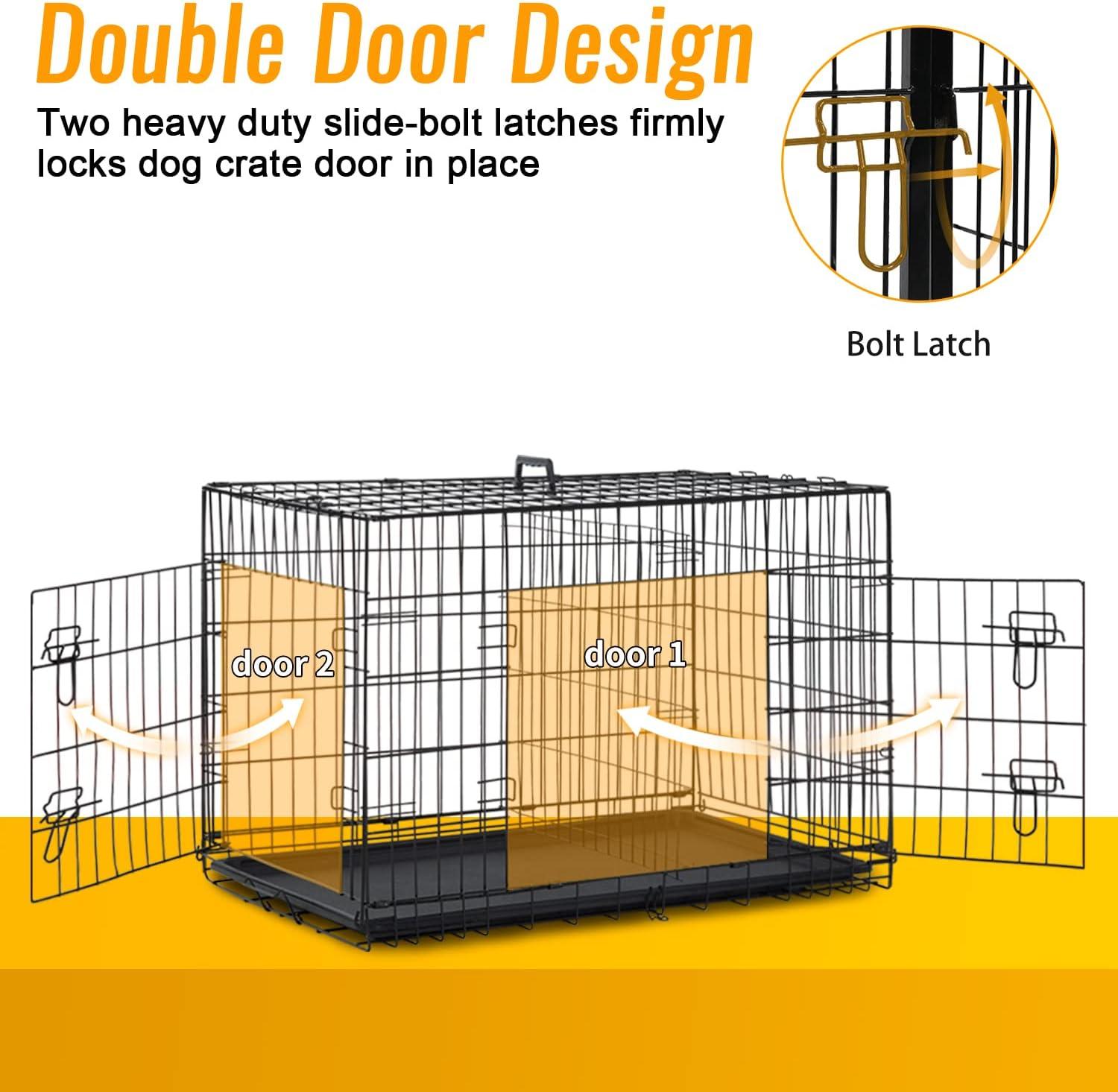 image:imageFDW Dog Crate for Medium Dogs 30 Inch Folding Metal WirePet Cage Double Door WDivider Panel Indoor Outdoor Kennel LeakProof Plastic TrayBlackBlack