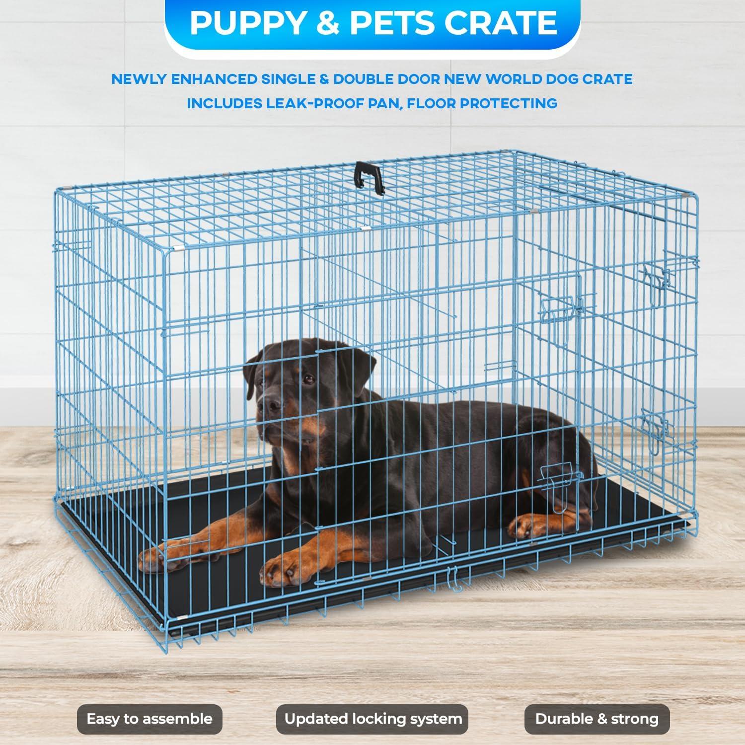 image:imageFDW Dog Crate for Medium Dogs 30 Inch Folding Metal WirePet Cage Double Door WDivider Panel Indoor Outdoor Kennel LeakProof Plastic TrayBlackBlue