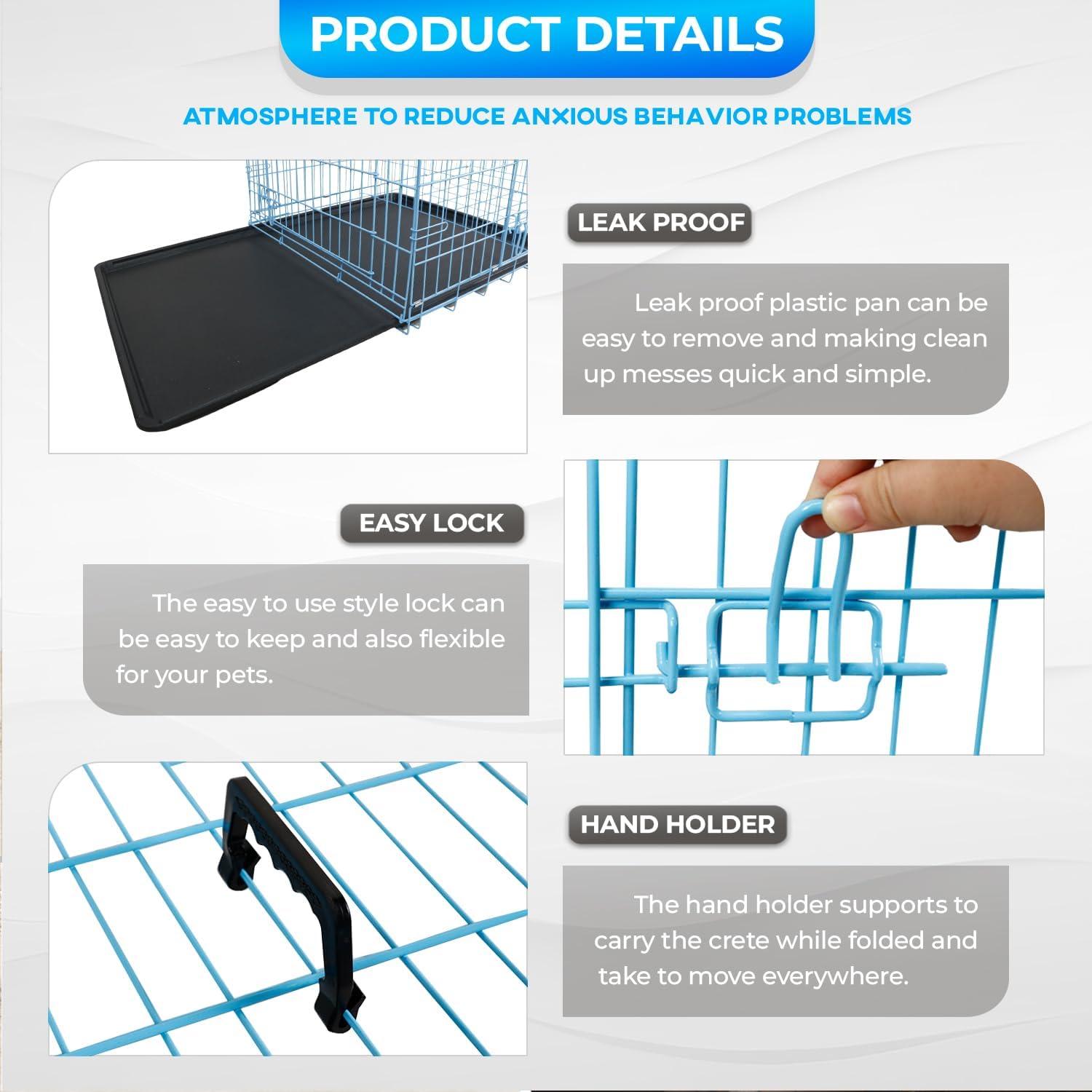 image:imageFDW Dog Crate for Medium Dogs 30 Inch Folding Metal WirePet Cage Double Door WDivider Panel Indoor Outdoor Kennel LeakProof Plastic TrayBlackBlue