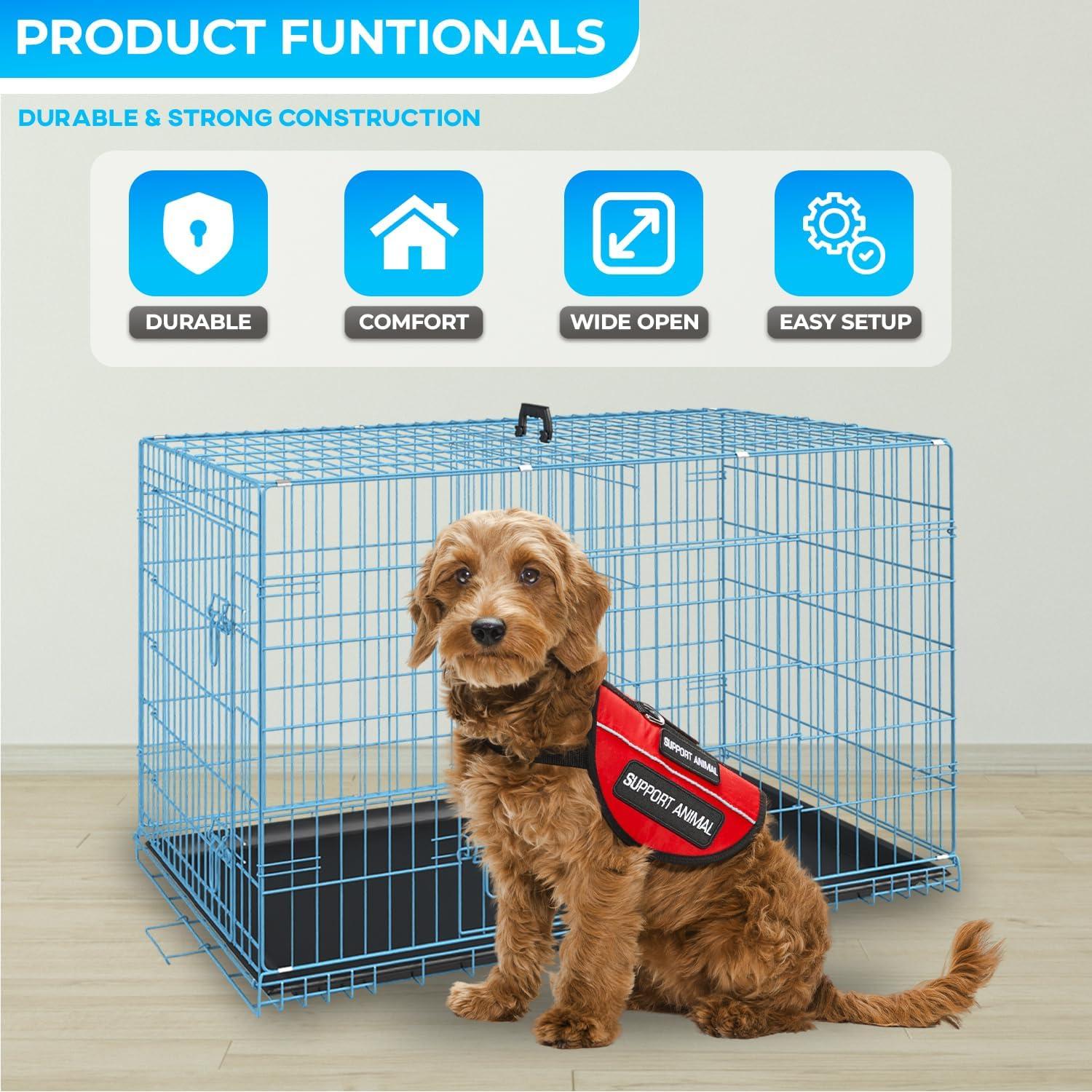 image:imageFDW Dog Crate for Medium Dogs 30 Inch Folding Metal WirePet Cage Double Door WDivider Panel Indoor Outdoor Kennel LeakProof Plastic TrayBlackBlue