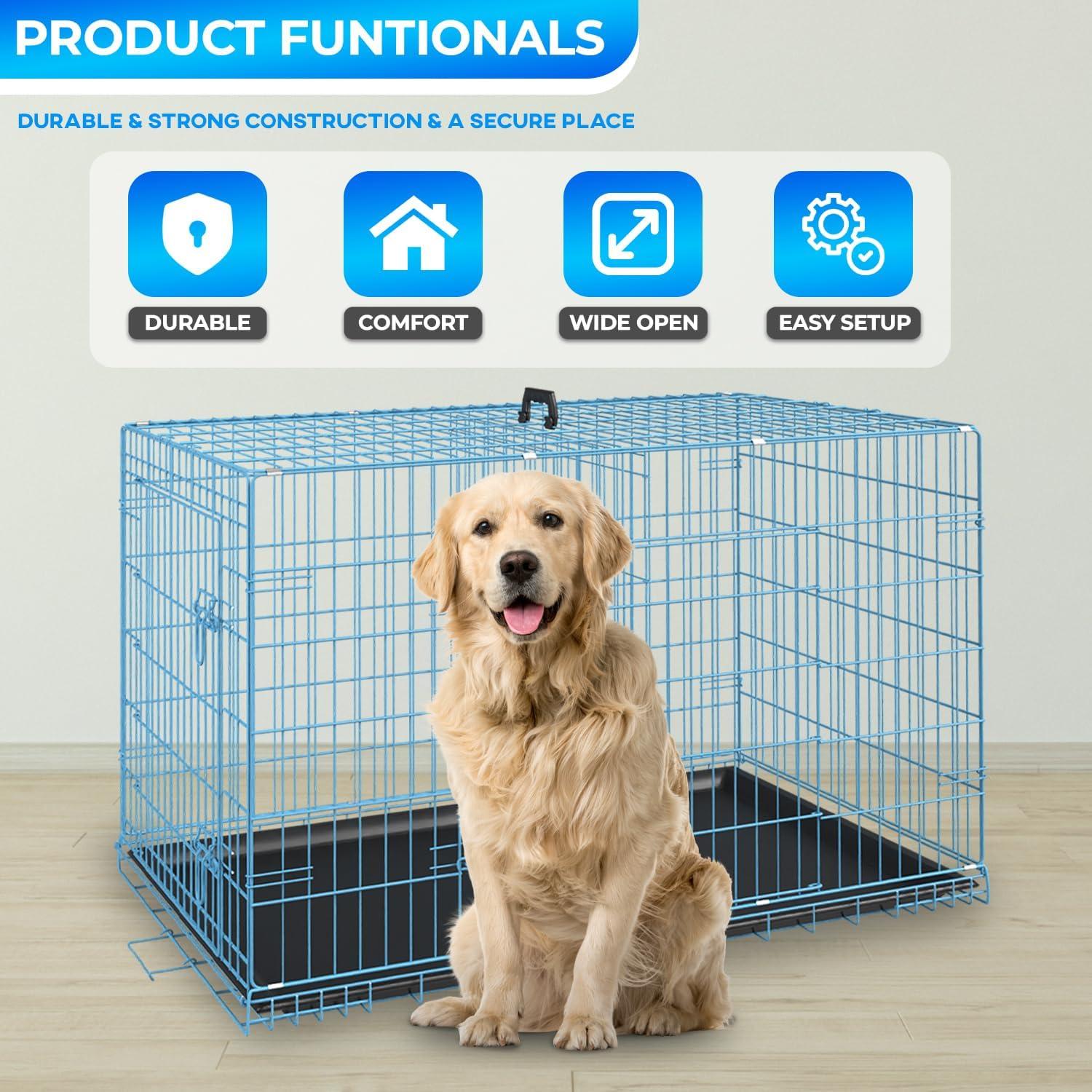 image:imageFDW Dog Crate for Medium Dogs 30 Inch Folding Metal WirePet Cage Double Door WDivider Panel Indoor Outdoor Kennel LeakProof Plastic TrayBlackBlue