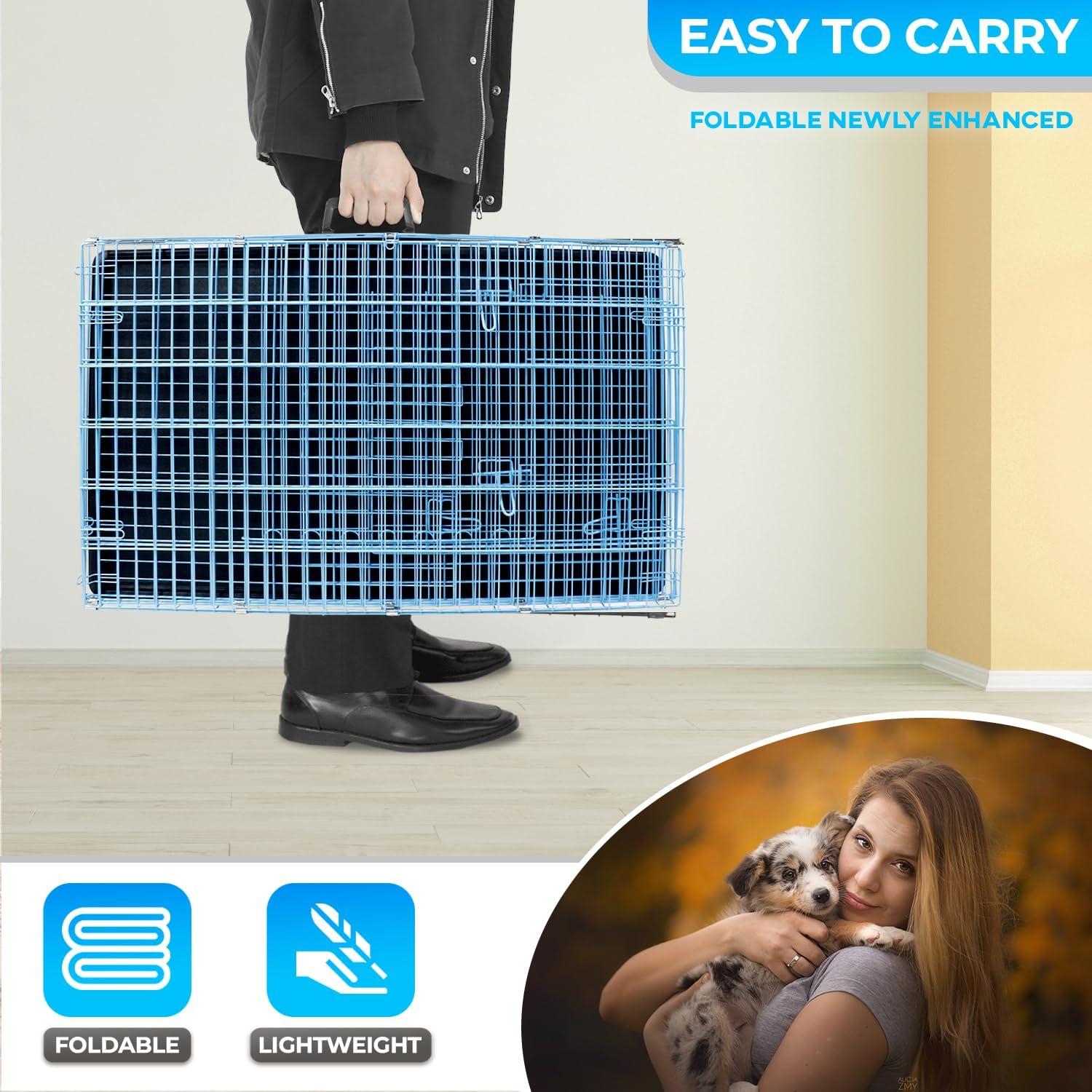 image:imageFDW Dog Crate for Medium Dogs 30 Inch Folding Metal WirePet Cage Double Door WDivider Panel Indoor Outdoor Kennel LeakProof Plastic TrayBlackBlue